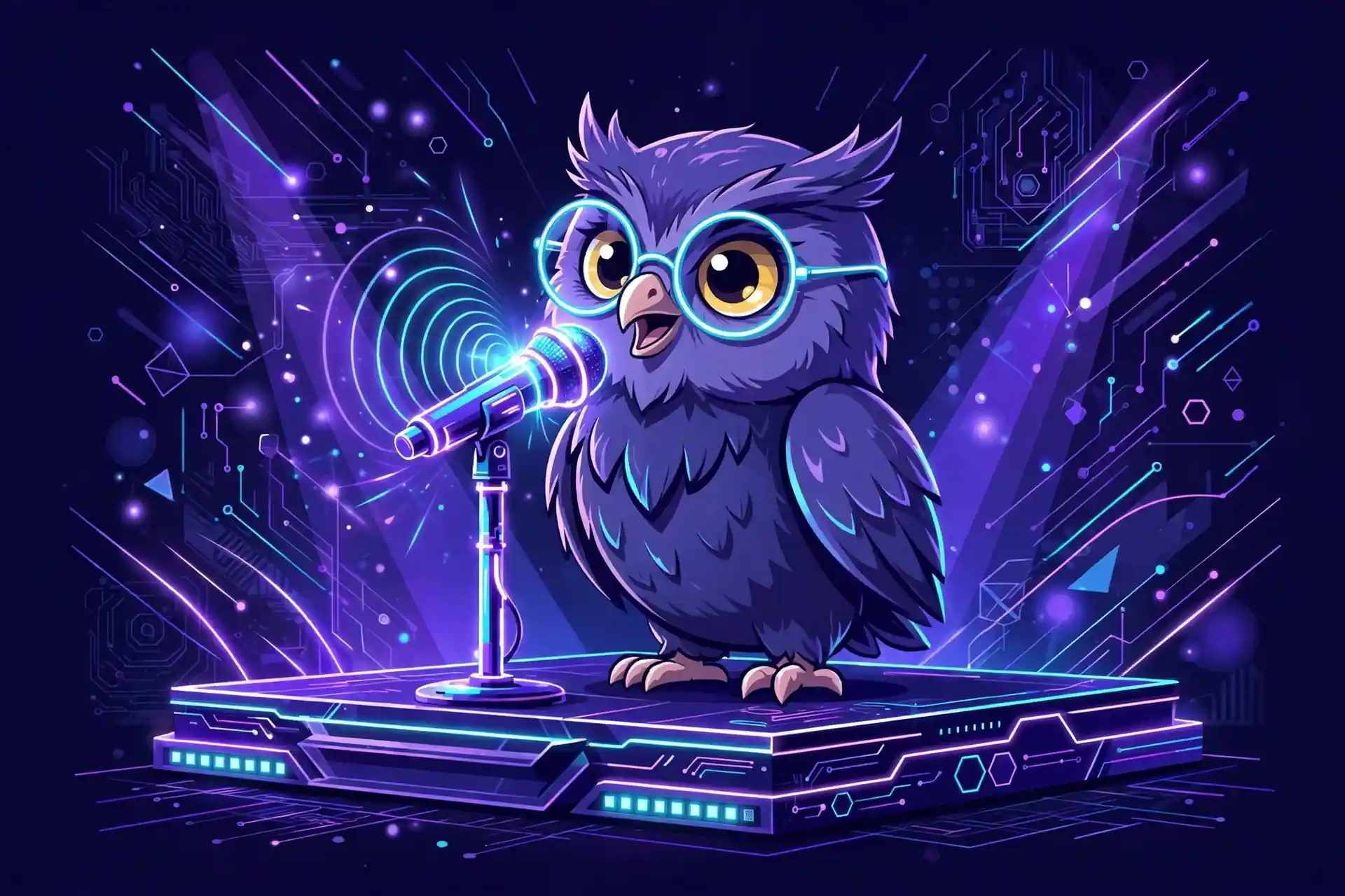 Synonyms for confident — an owl speaking into a glowing microphone, showing assertive and poised