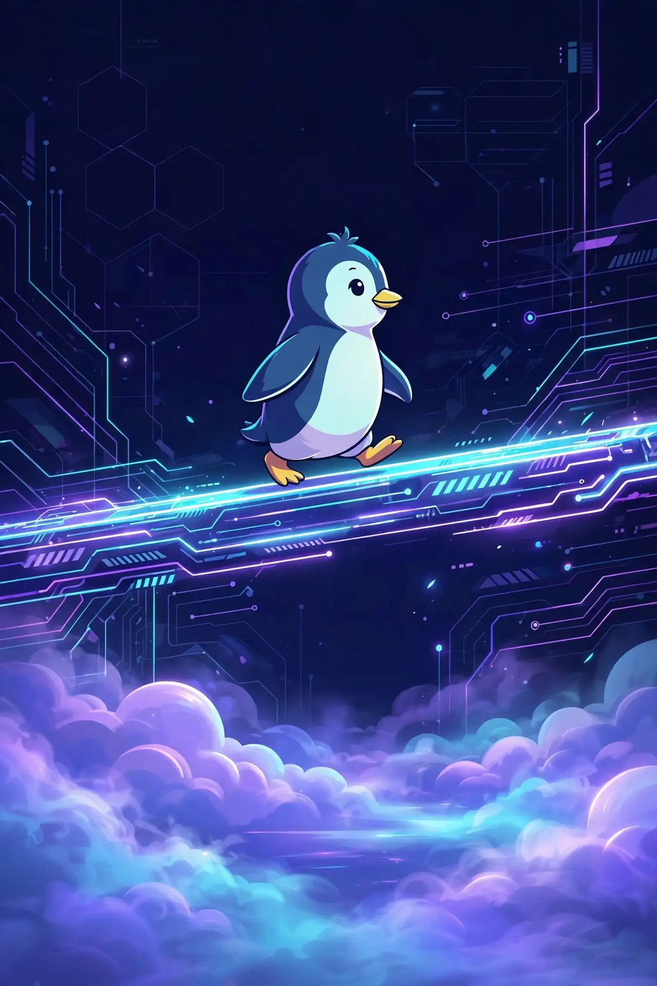Learning confident synonyms — a penguin walking calmly on a glowing balance beam, showing steady and composed