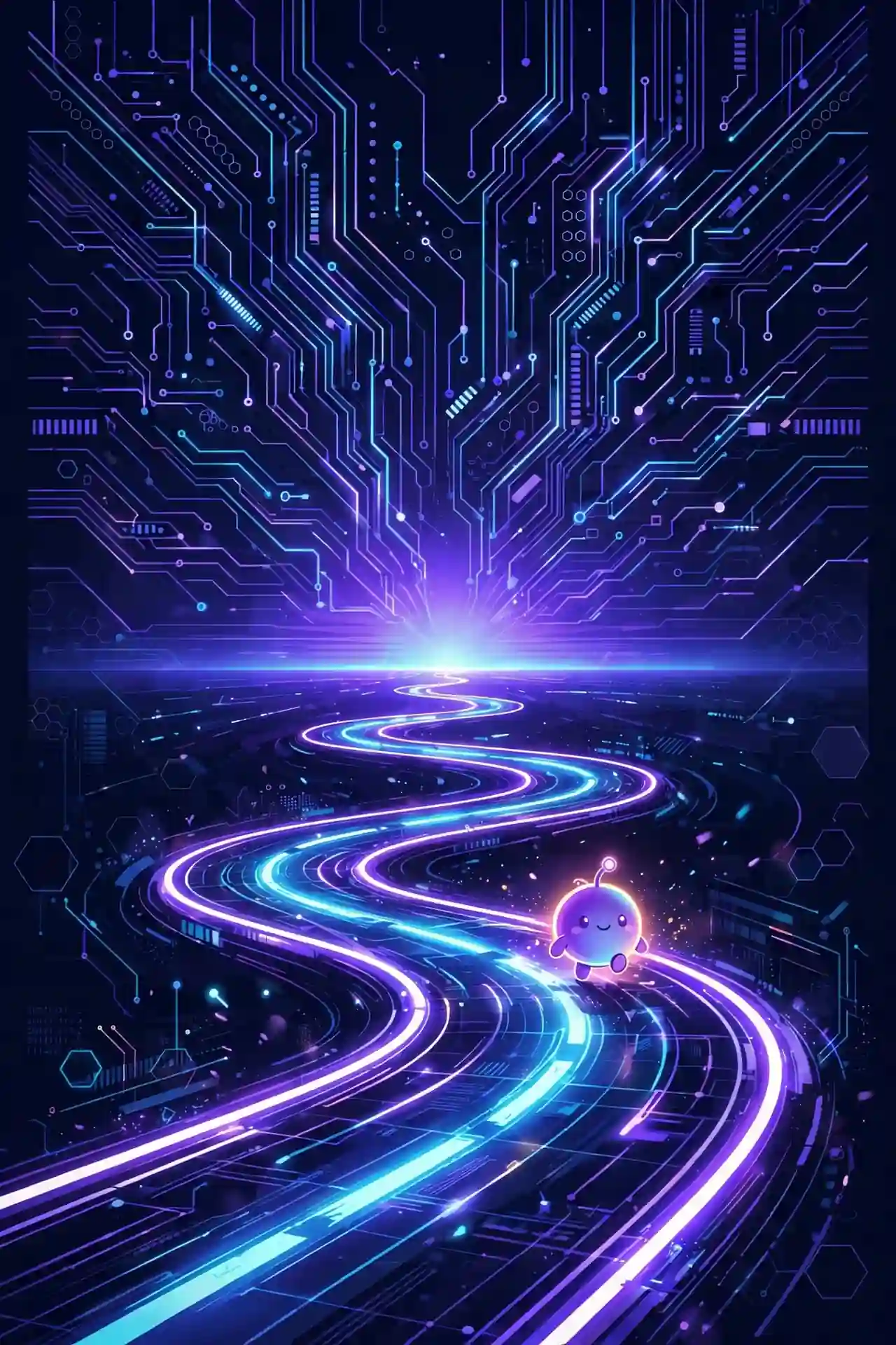 continue synonyms — winding neon road going onward toward a glowing horizon