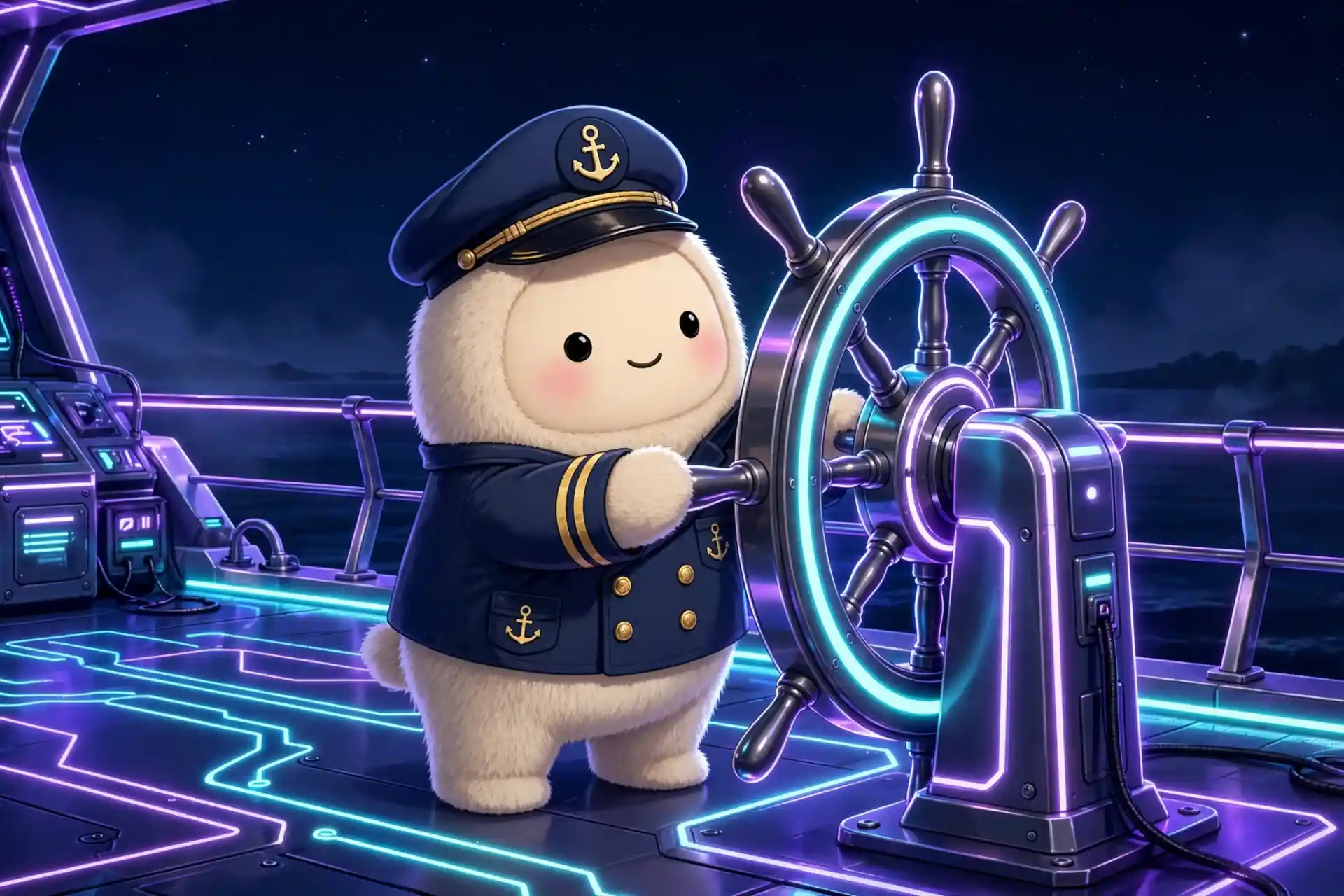 Cute captain steering a glowing ship wheel — a control synonym visual for steer