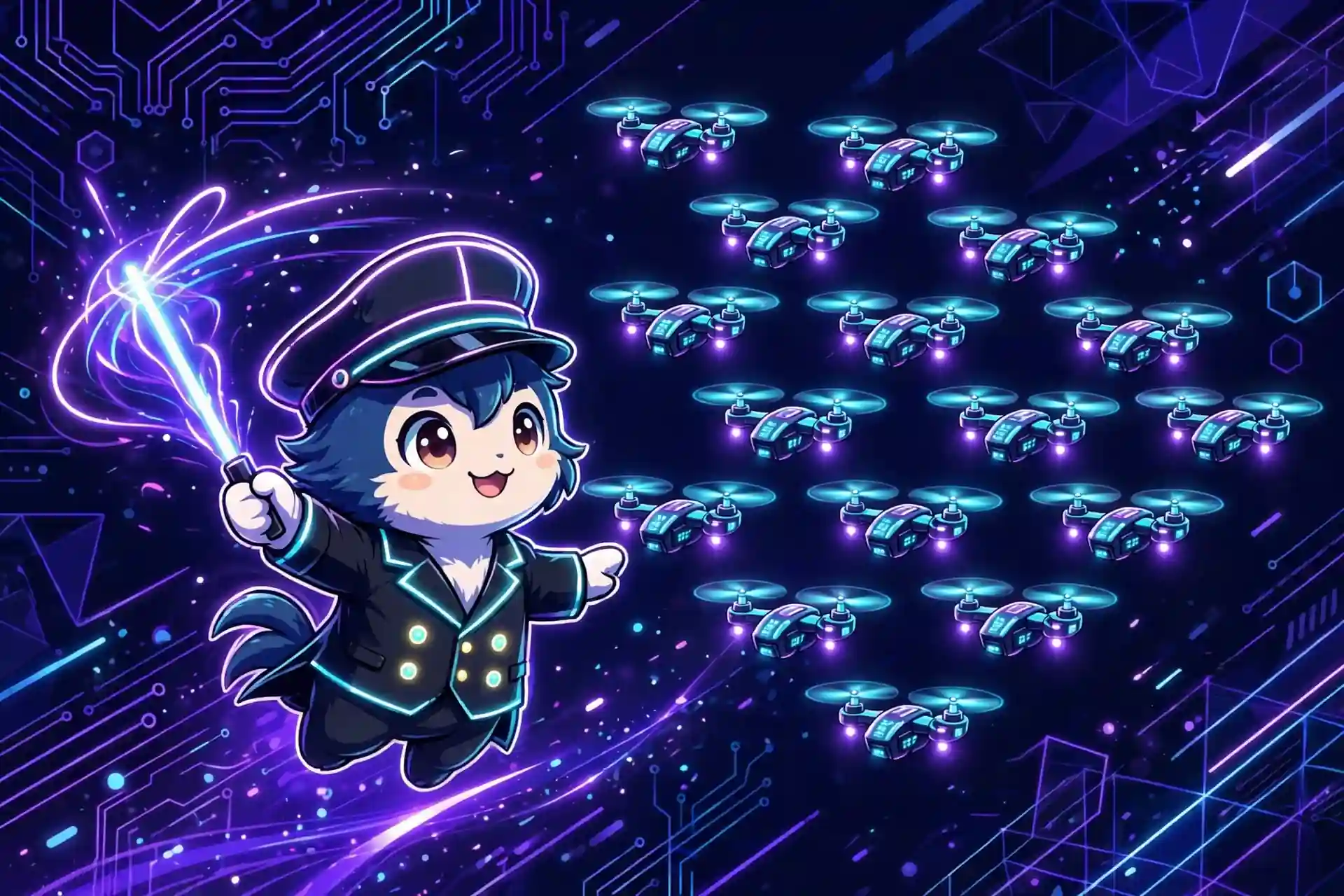 Cute conductor guiding glowing drones in formation — control synonym for direct and lead