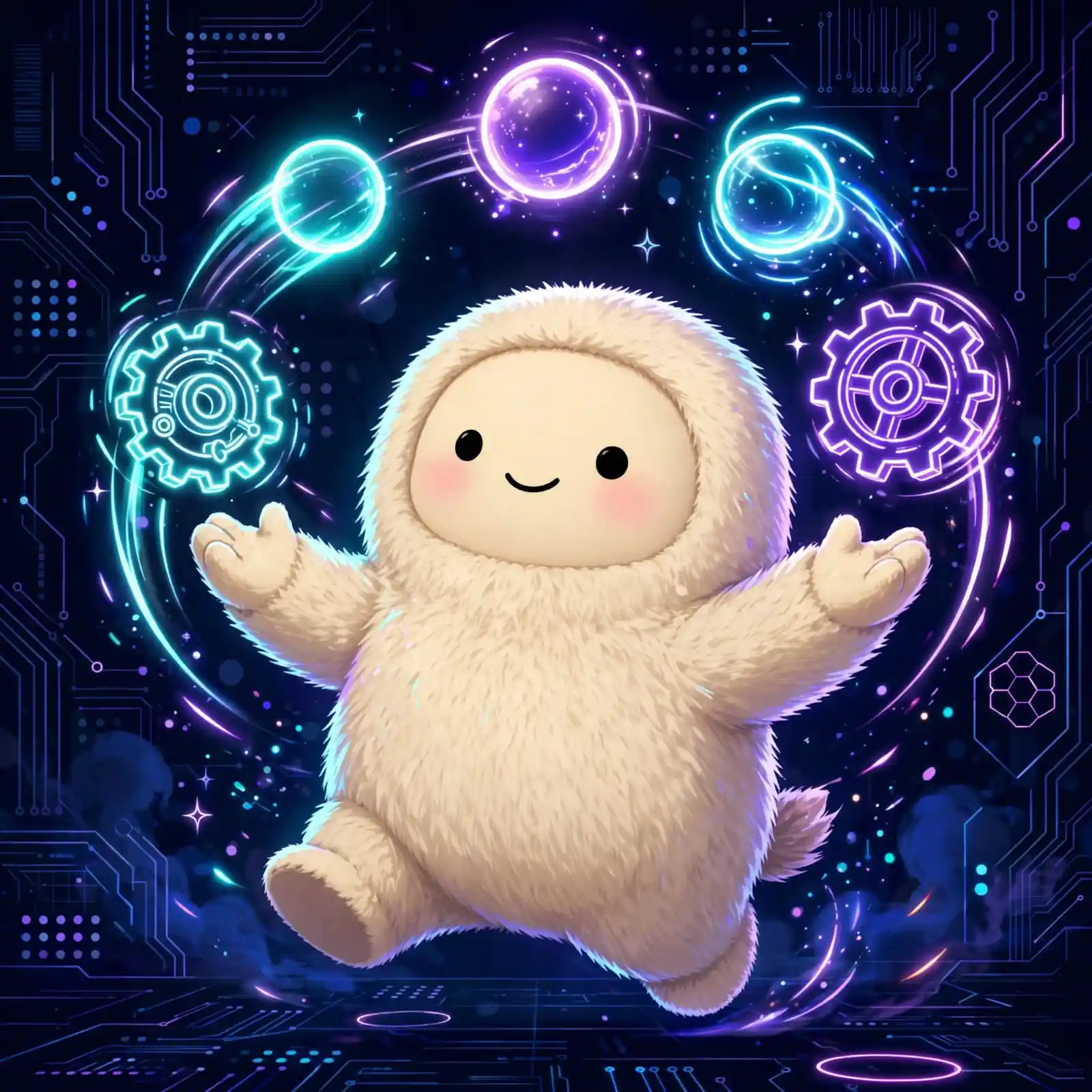 Cute character juggling glowing orbs — managing many tasks, a friendly control synonym image