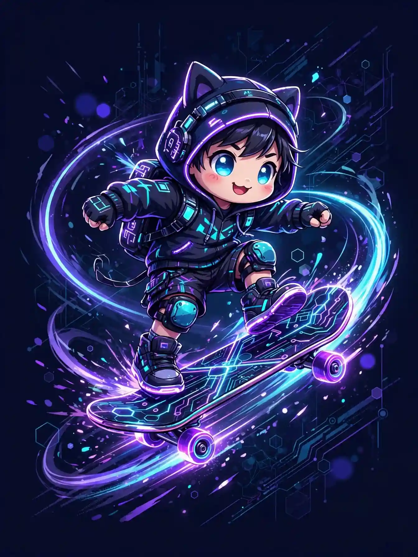 Cute skateboarder character doing a glowing trick, a visual for rad and epic synonyms for cool