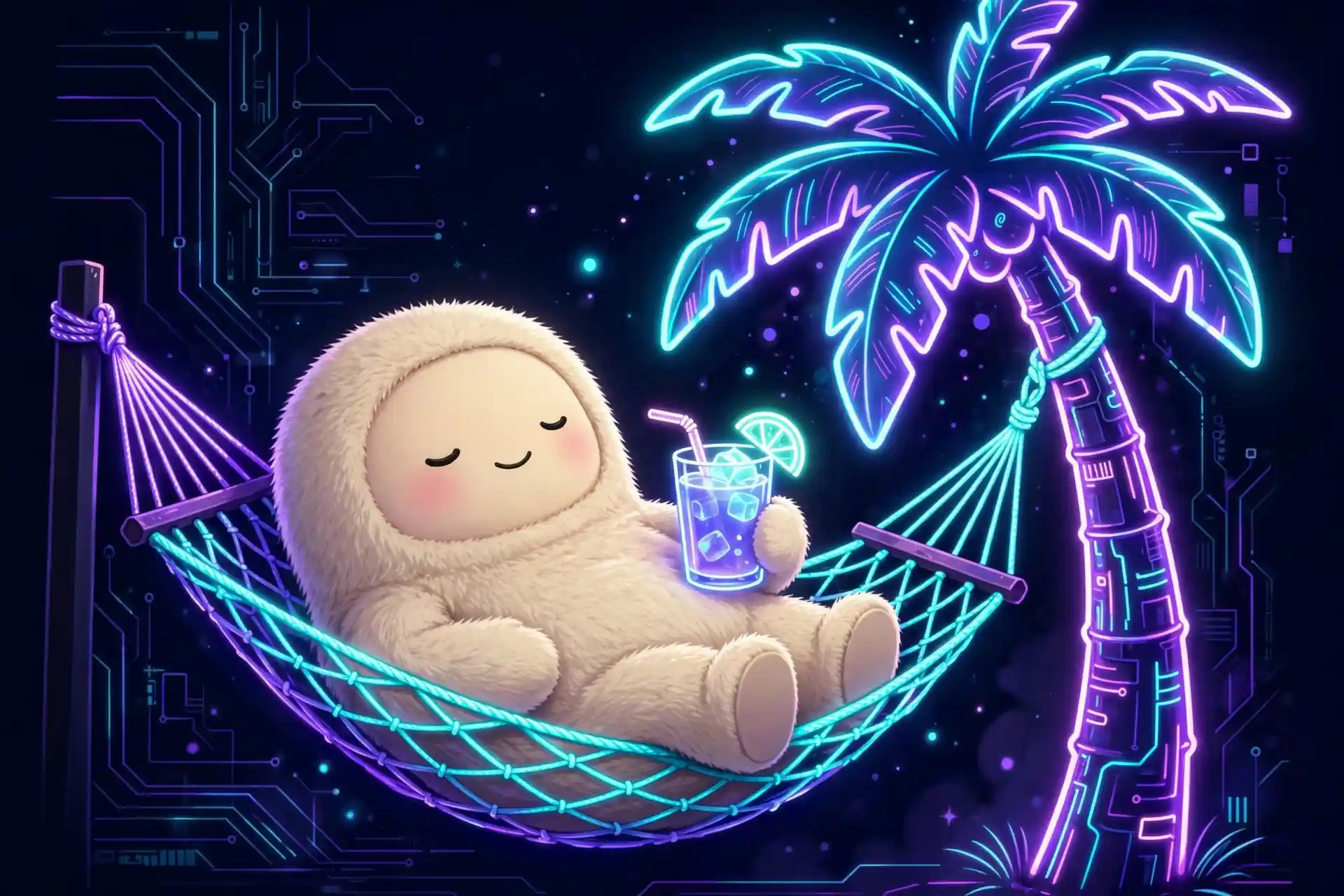 Relaxed cute character chilling in a hammock under a neon palm, showing chill synonyms for cool