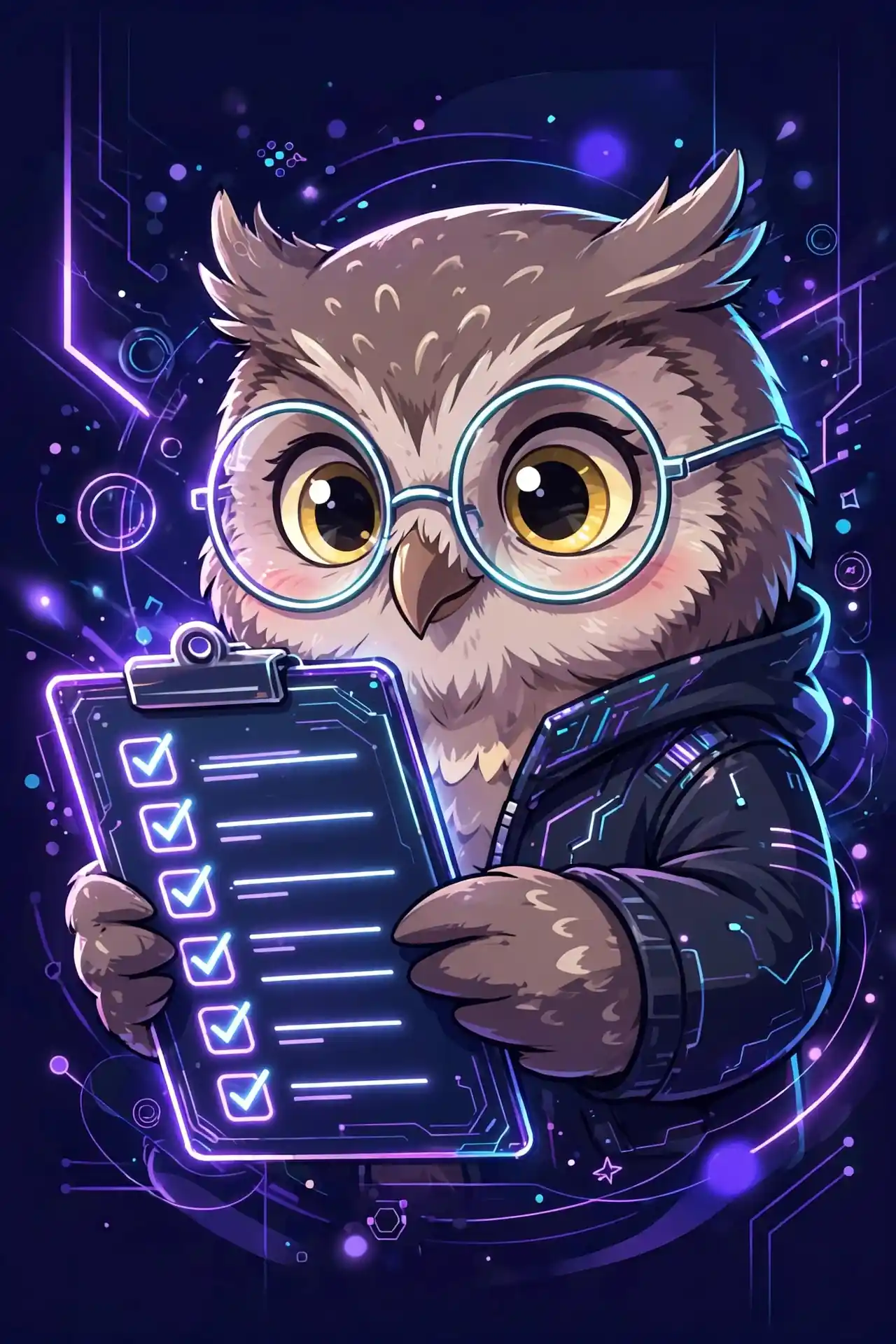 Cute owl checking a glowing list — accurate is a correct synonym for careful work