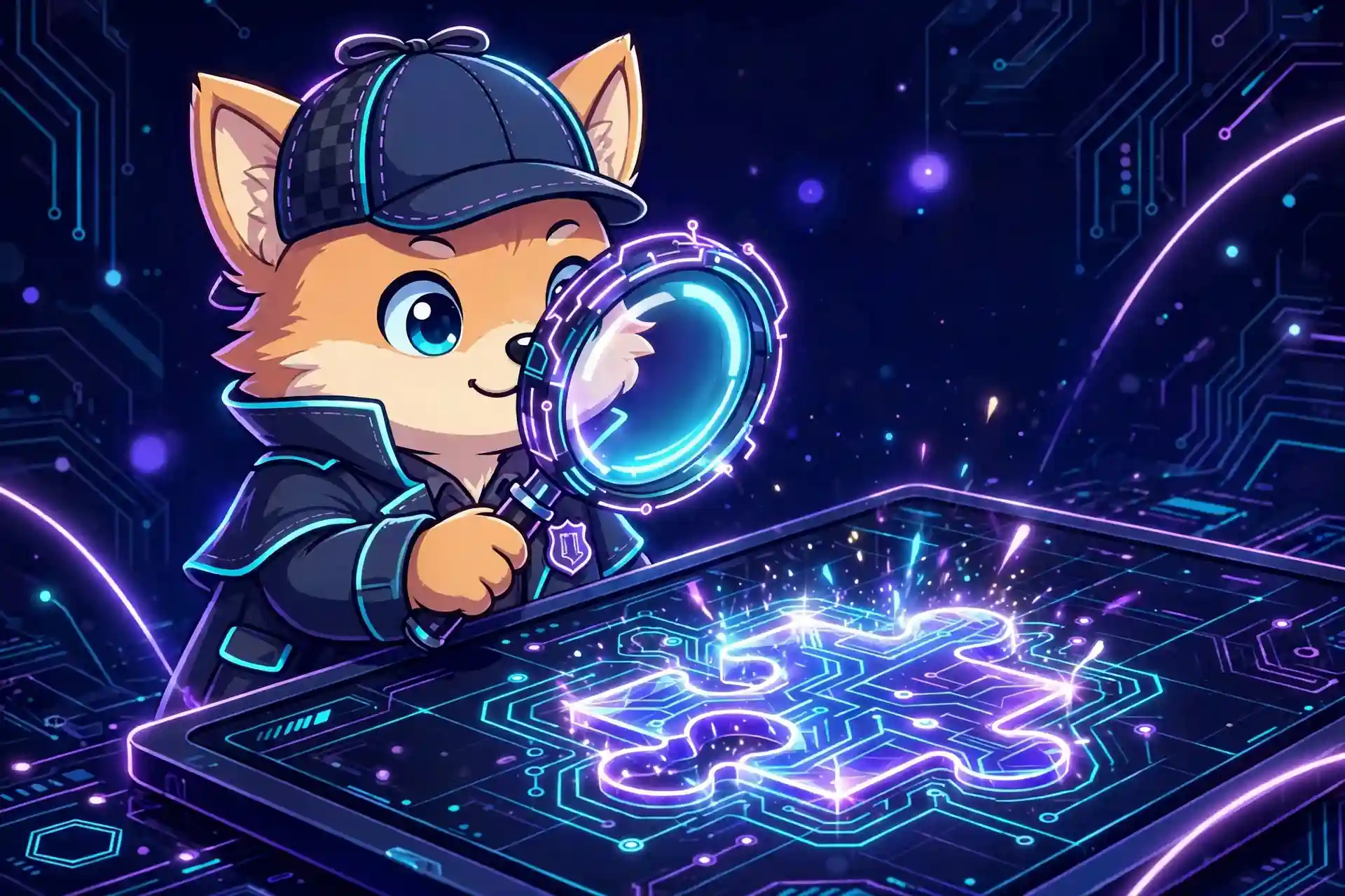 Cute detective with a glowing magnifying glass — verified and precise, two correct synonyms