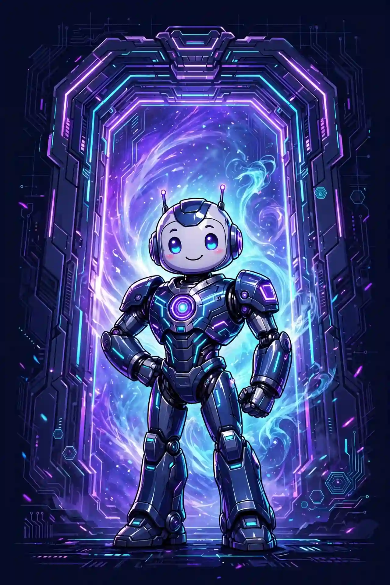 Robot standing tall before a glowing door, showing formal courage synonyms like valor, fortitude and gallantry