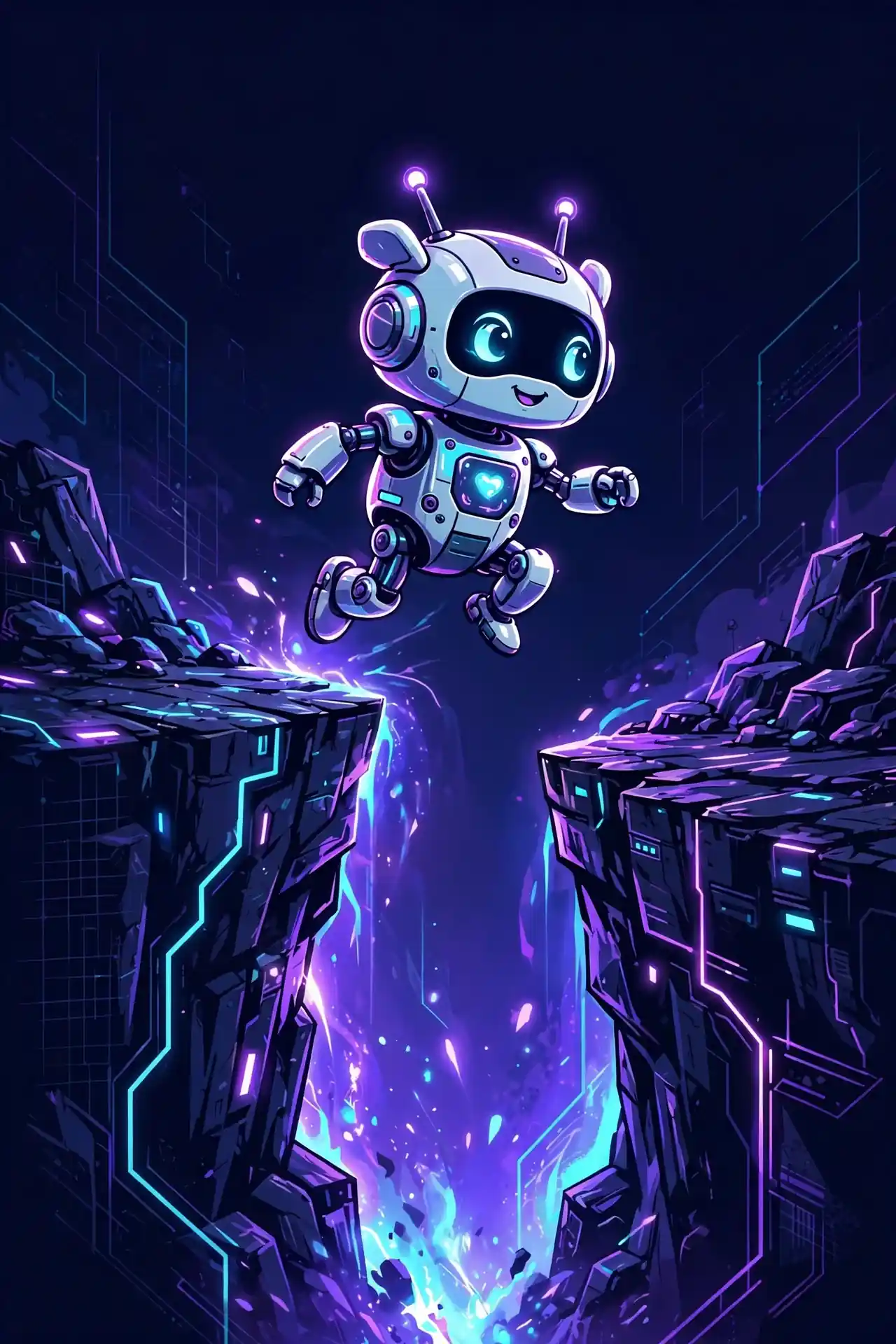 Small robot jumping a glowing gap, showing everyday courage synonyms like bravery, nerve and grit