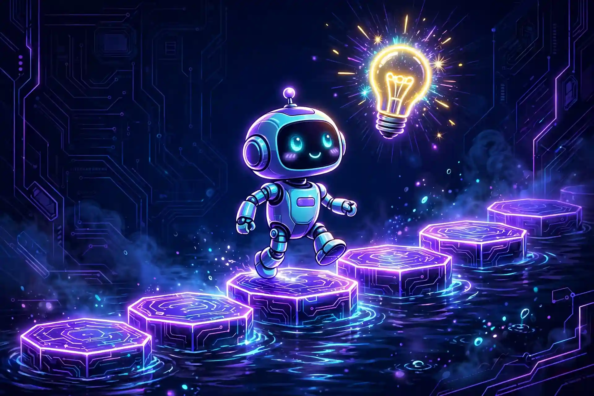 Robot crossing glowing stepping stones, learning how to use courage synonyms without mistakes