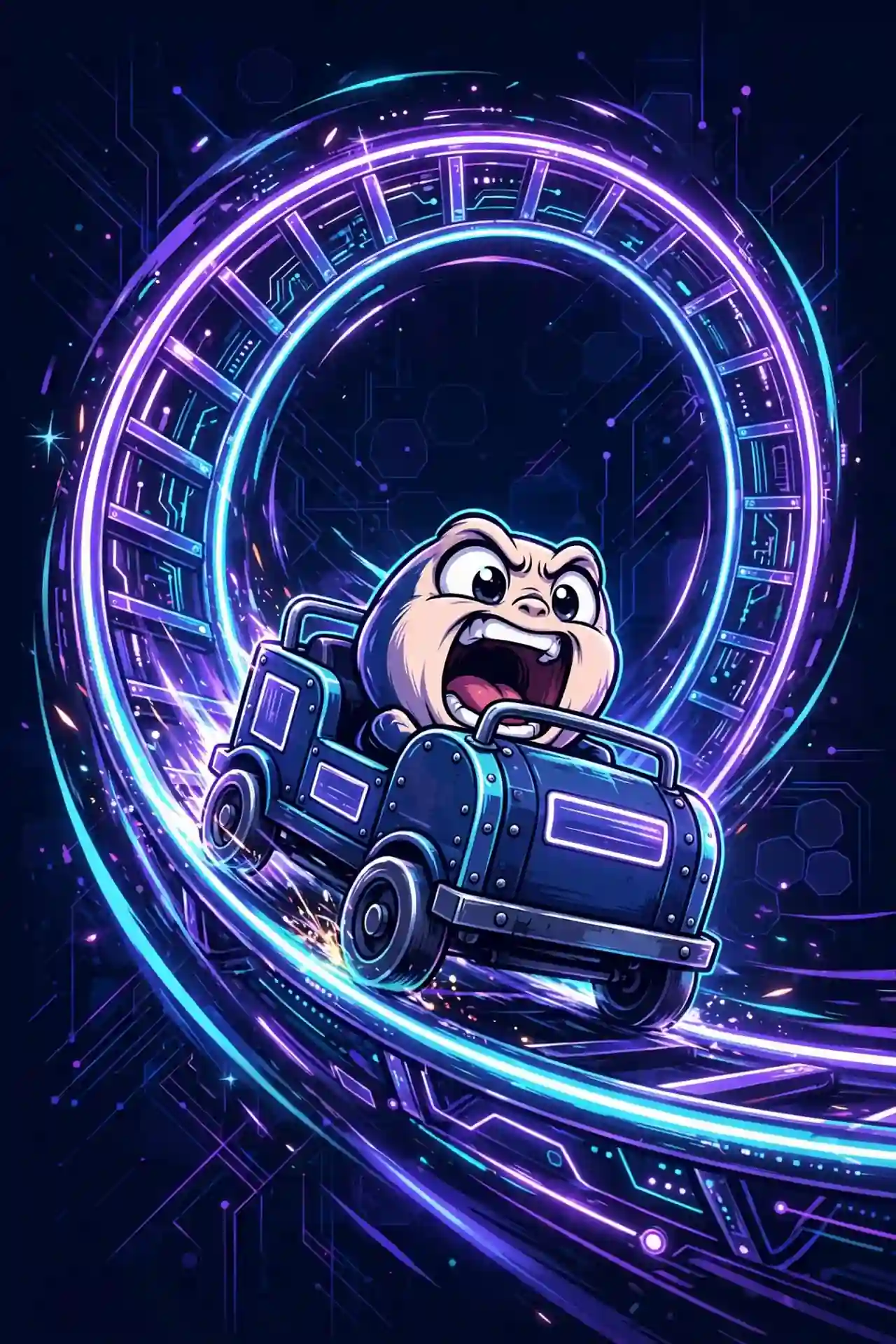 Insane synonym for crazy — a thrilled rollercoaster cart character racing through a glowing loop