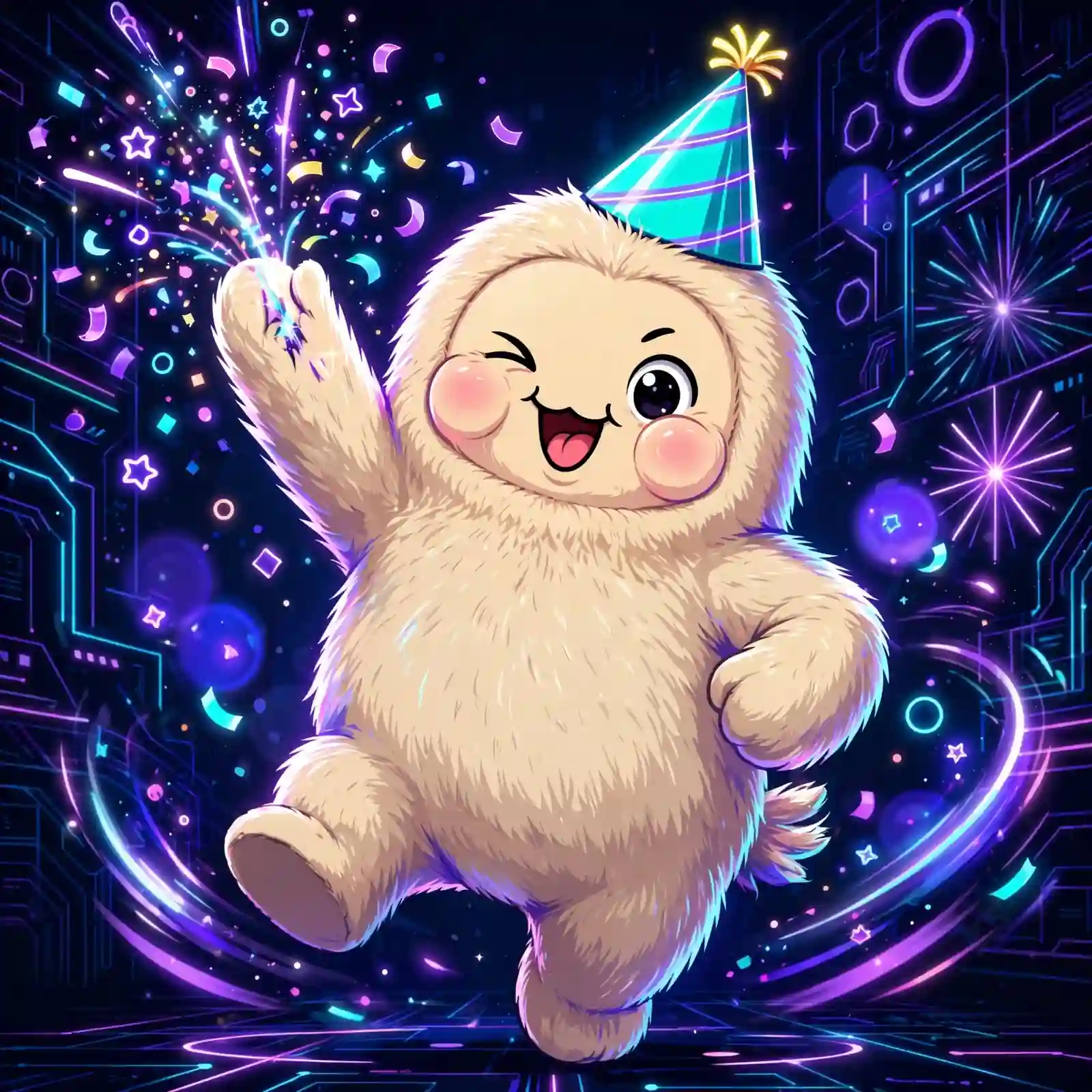 Bonkers synonym for crazy — a dancing party character throwing confetti in neon lights