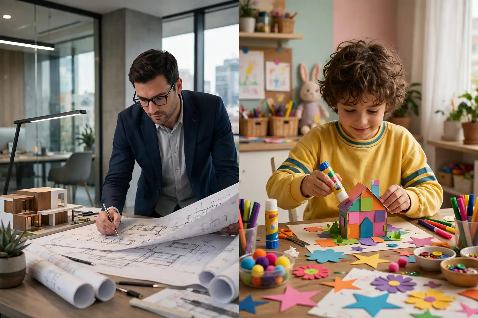 Create synonyms in formal vs casual contexts - architect with blueprints and child crafting at home