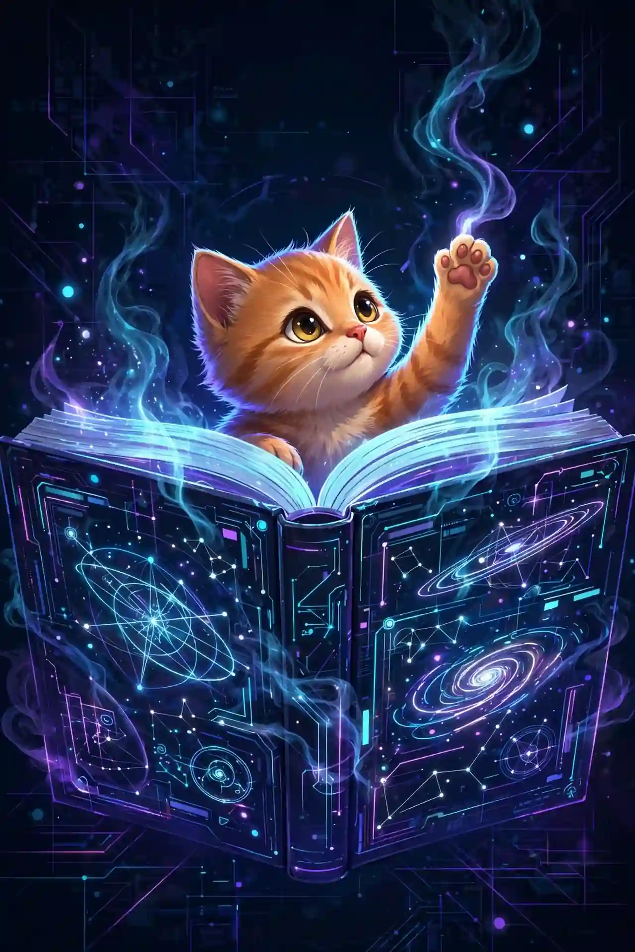 Kitten peeking over a glowing book — inquisitive and other curious synonyms with examples