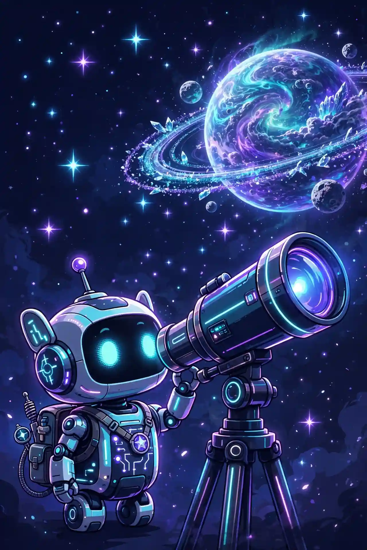 Robot explorer looking through a telescope — investigative and probing curious synonyms