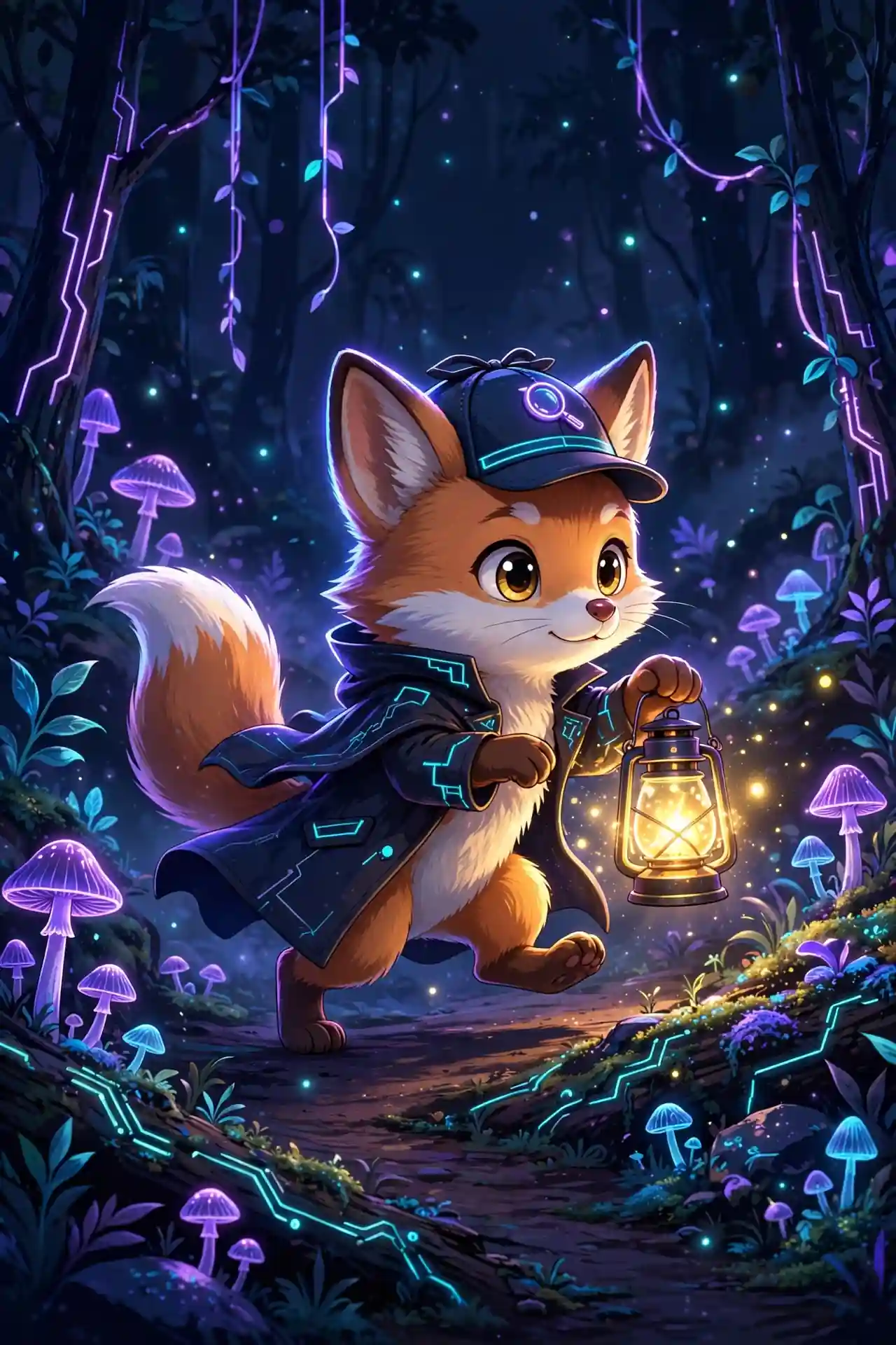 Fox detective with a lantern — nosy and prying, the casual side of curious synonyms