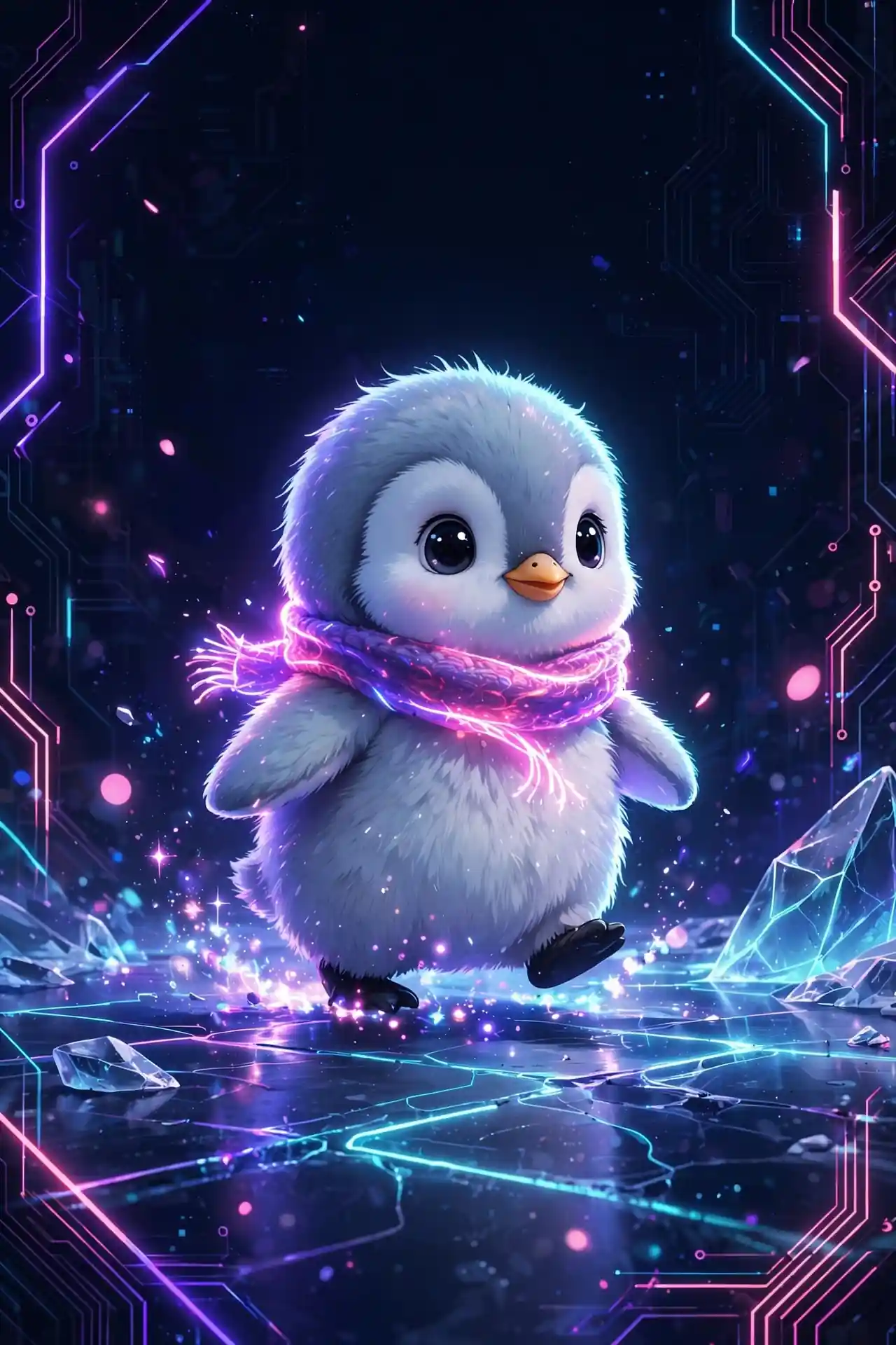 Baby penguin wearing a glowing scarf — adorable and other cute synonyms