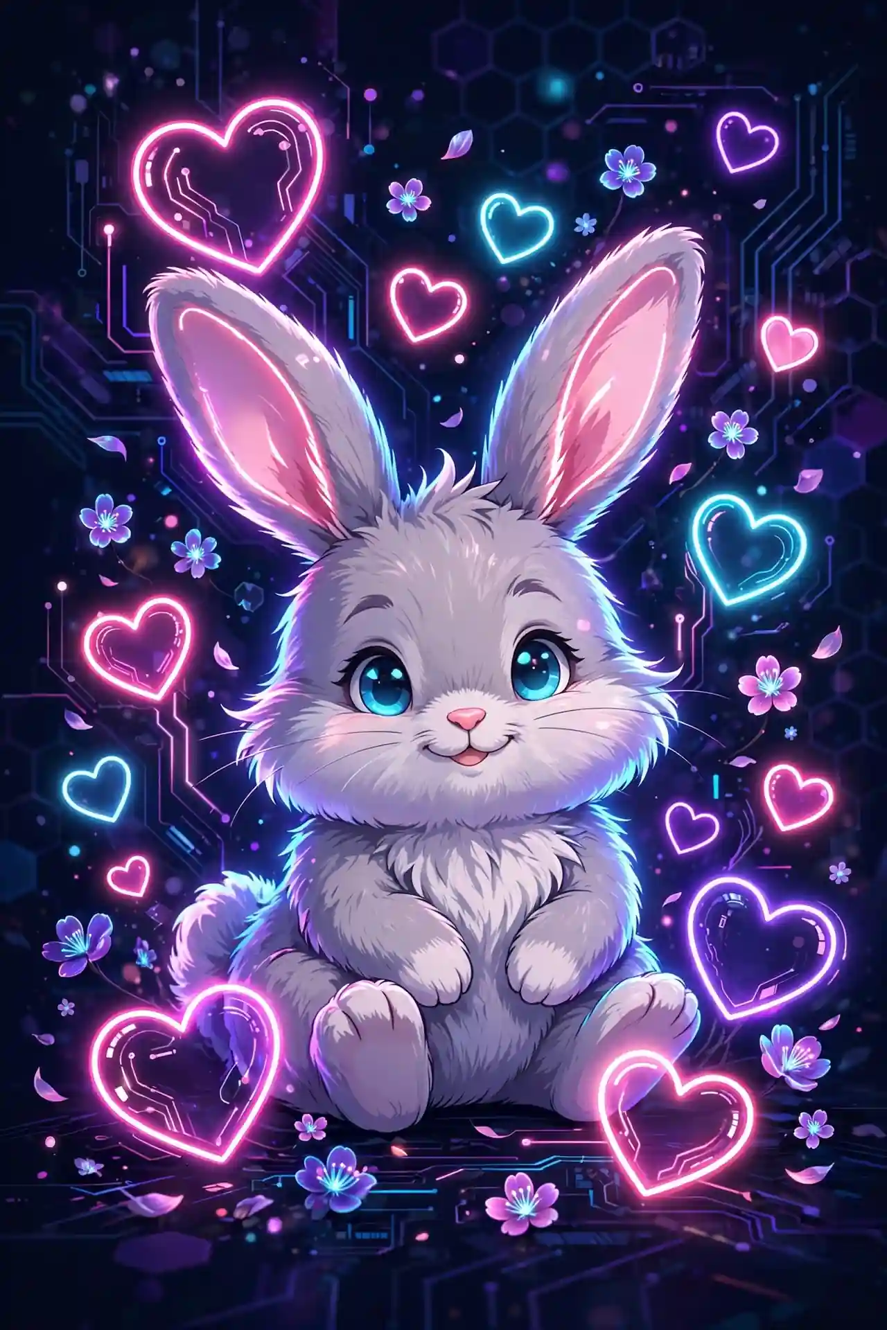 Fluffy bunny among glowing hearts — sweet and charming cute synonyms