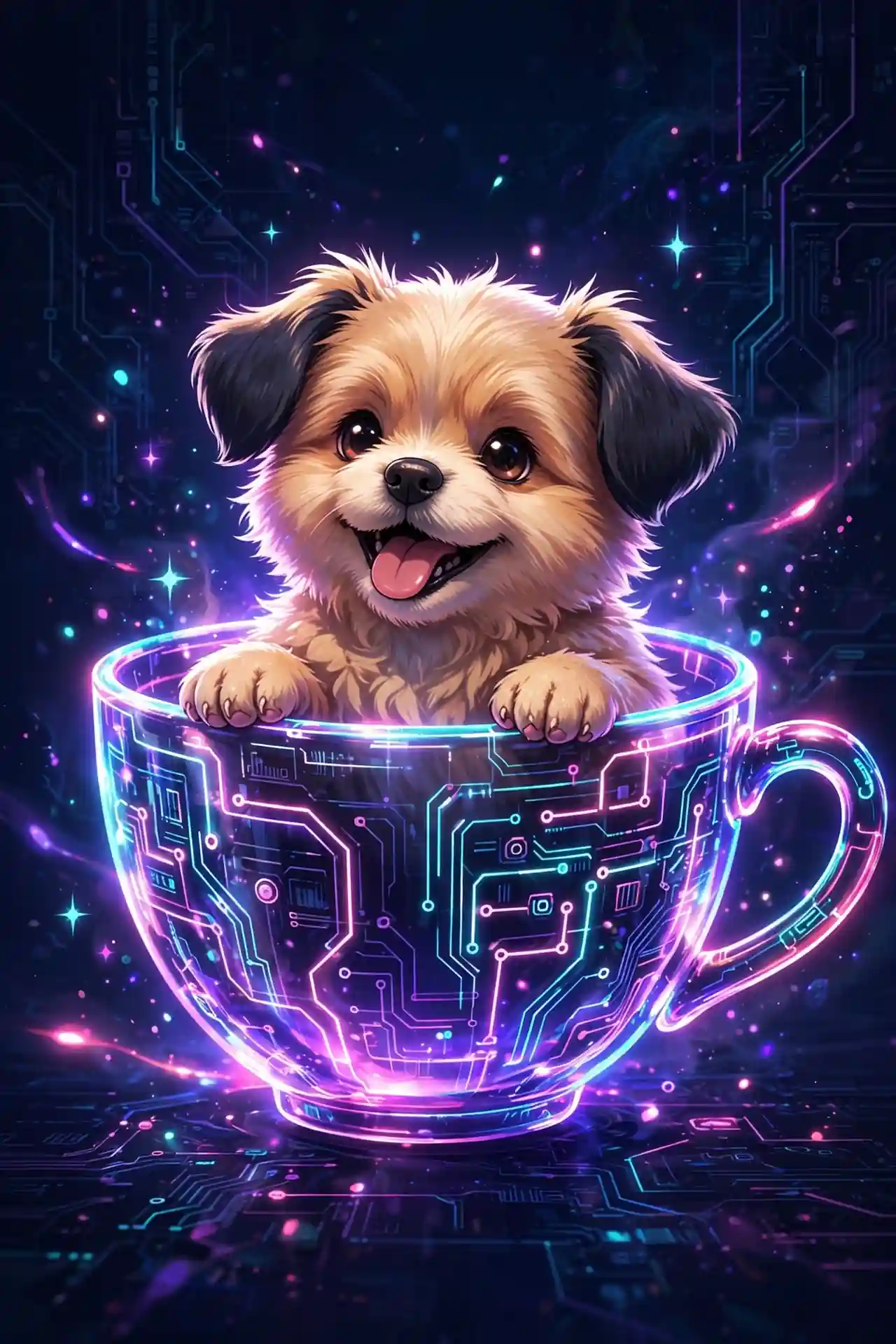 Tiny puppy sitting inside a glowing teacup — cuddly, a casual cute synonym