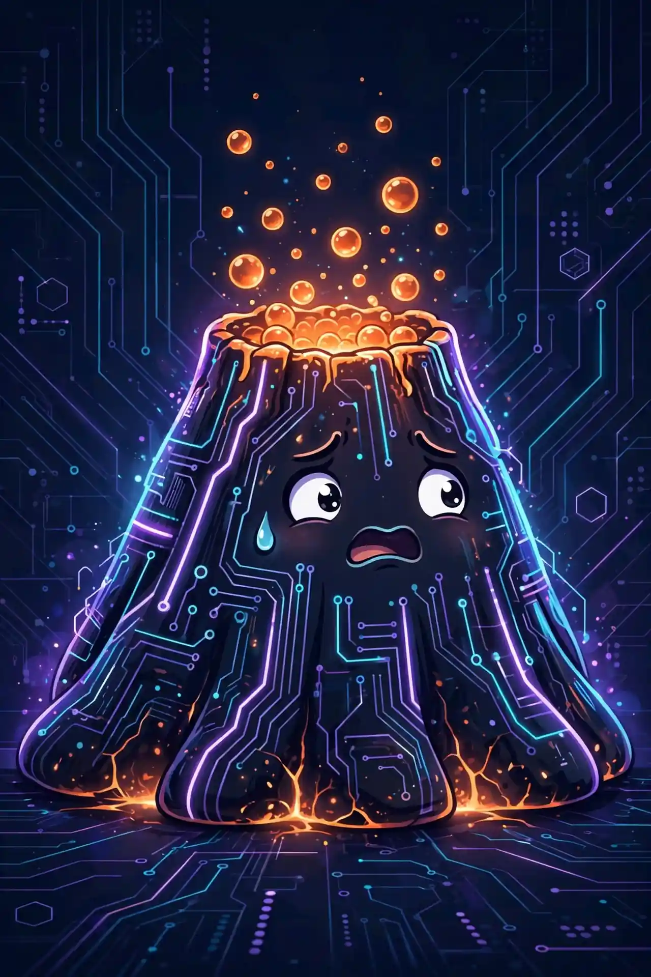 Glowing volcano character with a nervous face, representing dangerous synonyms like perilous, deadly and hazardous