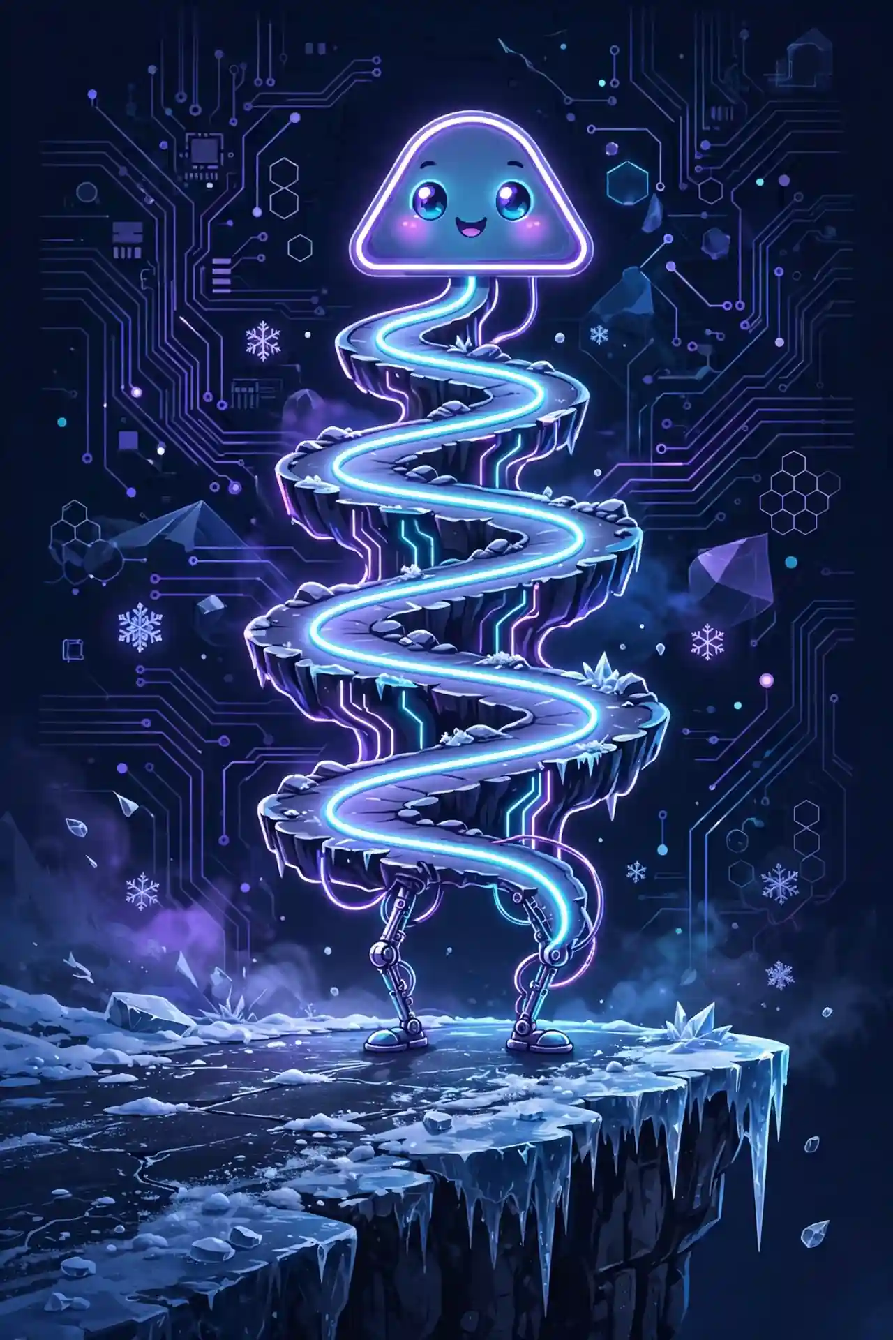 Glowing icy cliff path sign character representing dangerous synonyms like treacherous, precarious and dicey