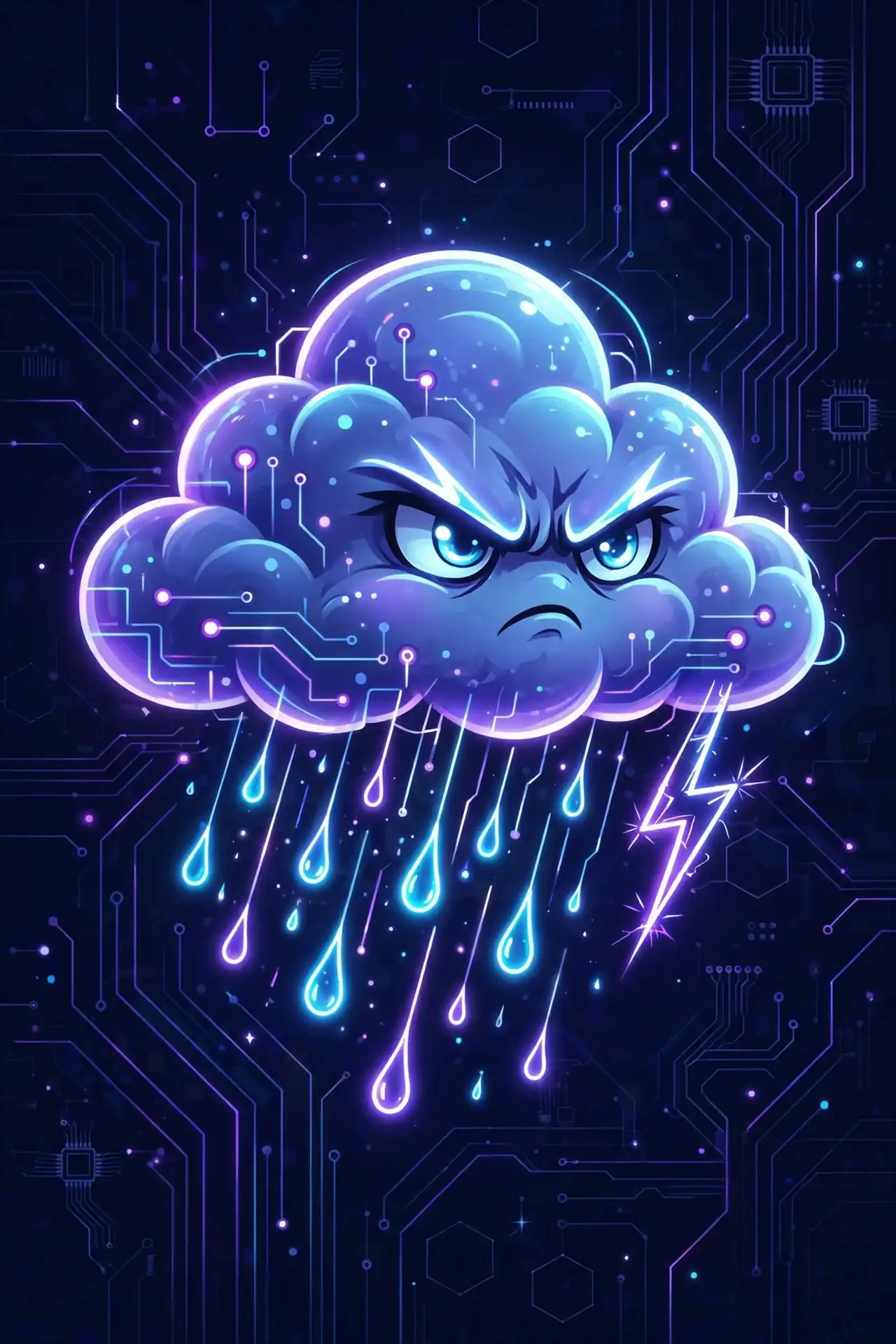 Glowing storm cloud character with lightning representing dangerous synonyms like menacing, threatening and severe