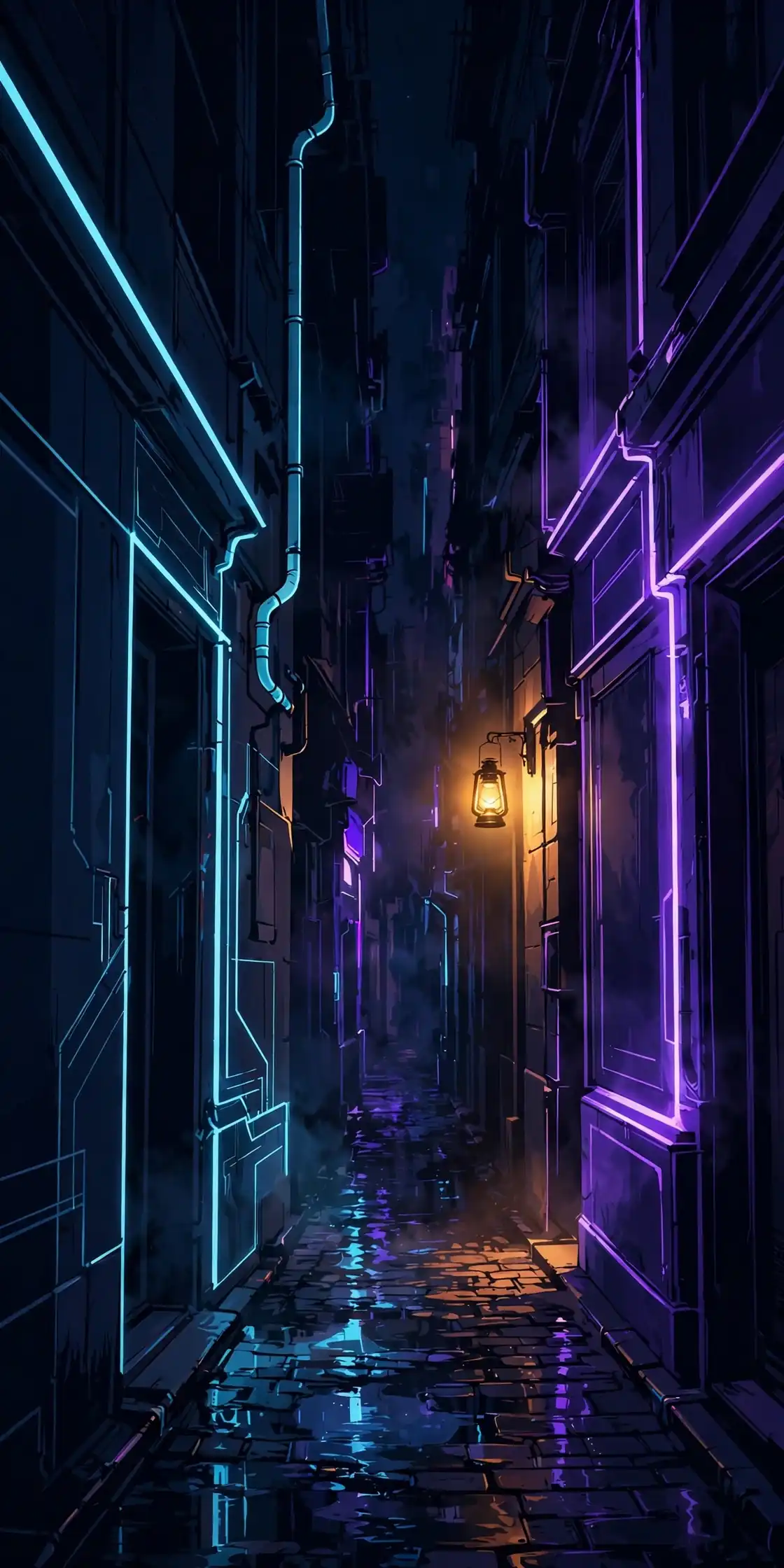 Shadowy neon alley lit by one small lantern, a visual for dim and shadowy synonyms for dark