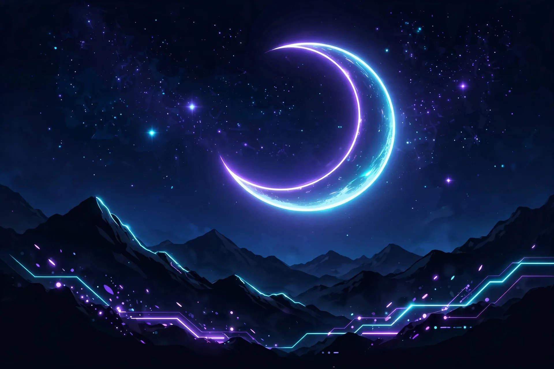 Glowing crescent moon over dark mountain silhouettes, a visual for twilight and dusky synonyms for dark