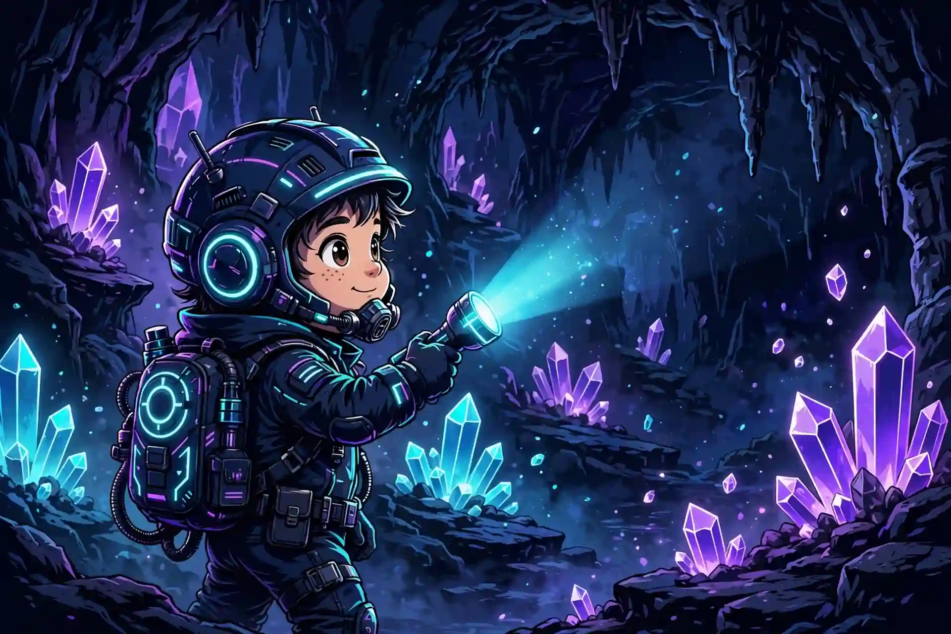 Cute explorer with a flashlight in a dark glowing cave, a visual for pitch-black and lightless synonyms for dark