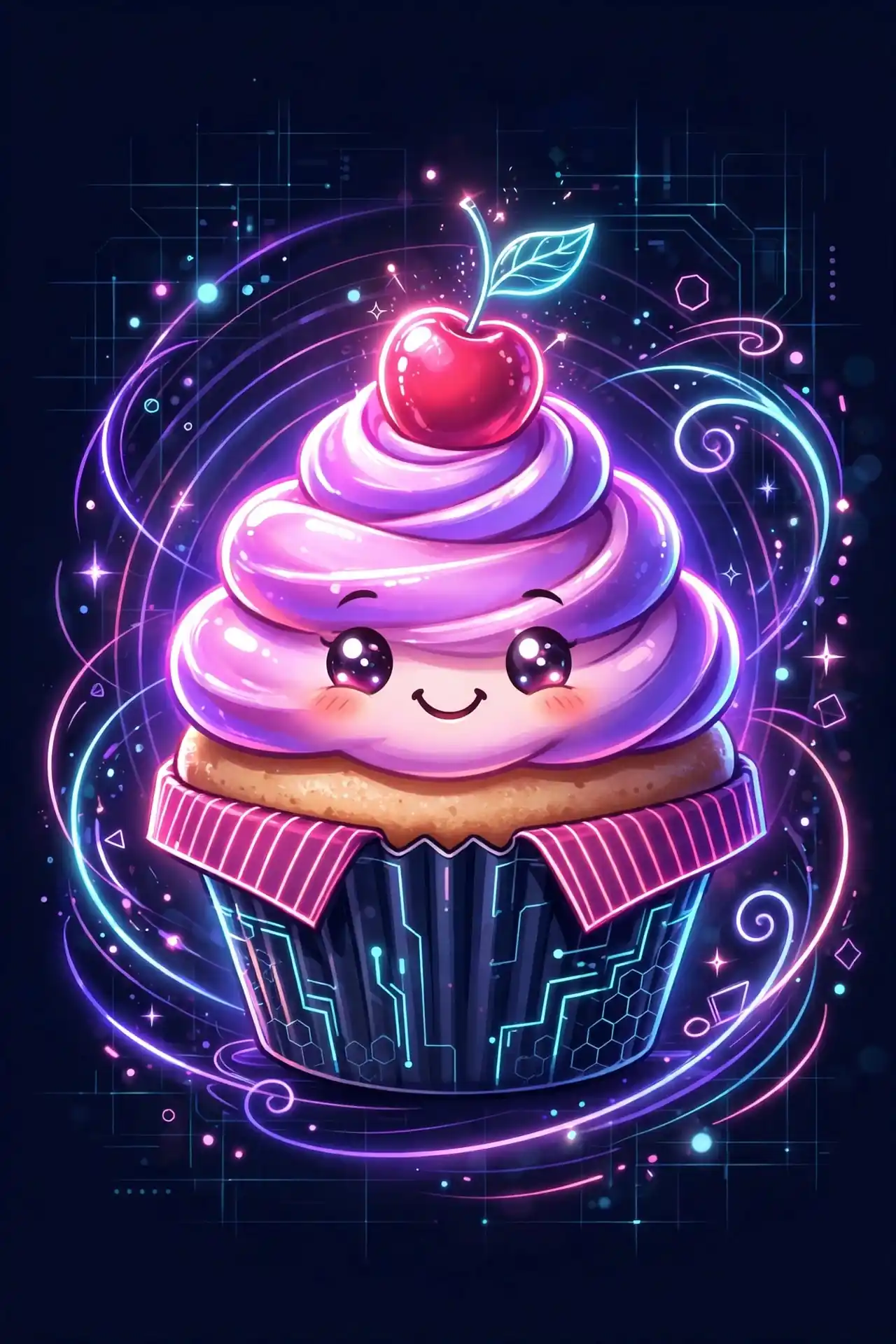 Cute cupcake character with a glowing cherry — yummy and other sweet delicious synonyms