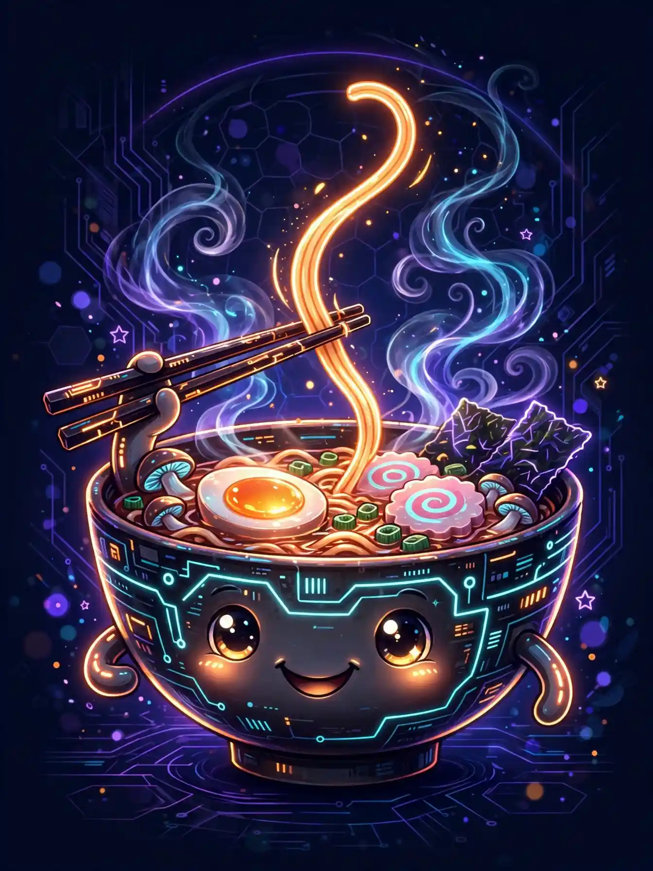 Happy ramen bowl character lifting glowing noodles — savory and flavorful delicious synonyms