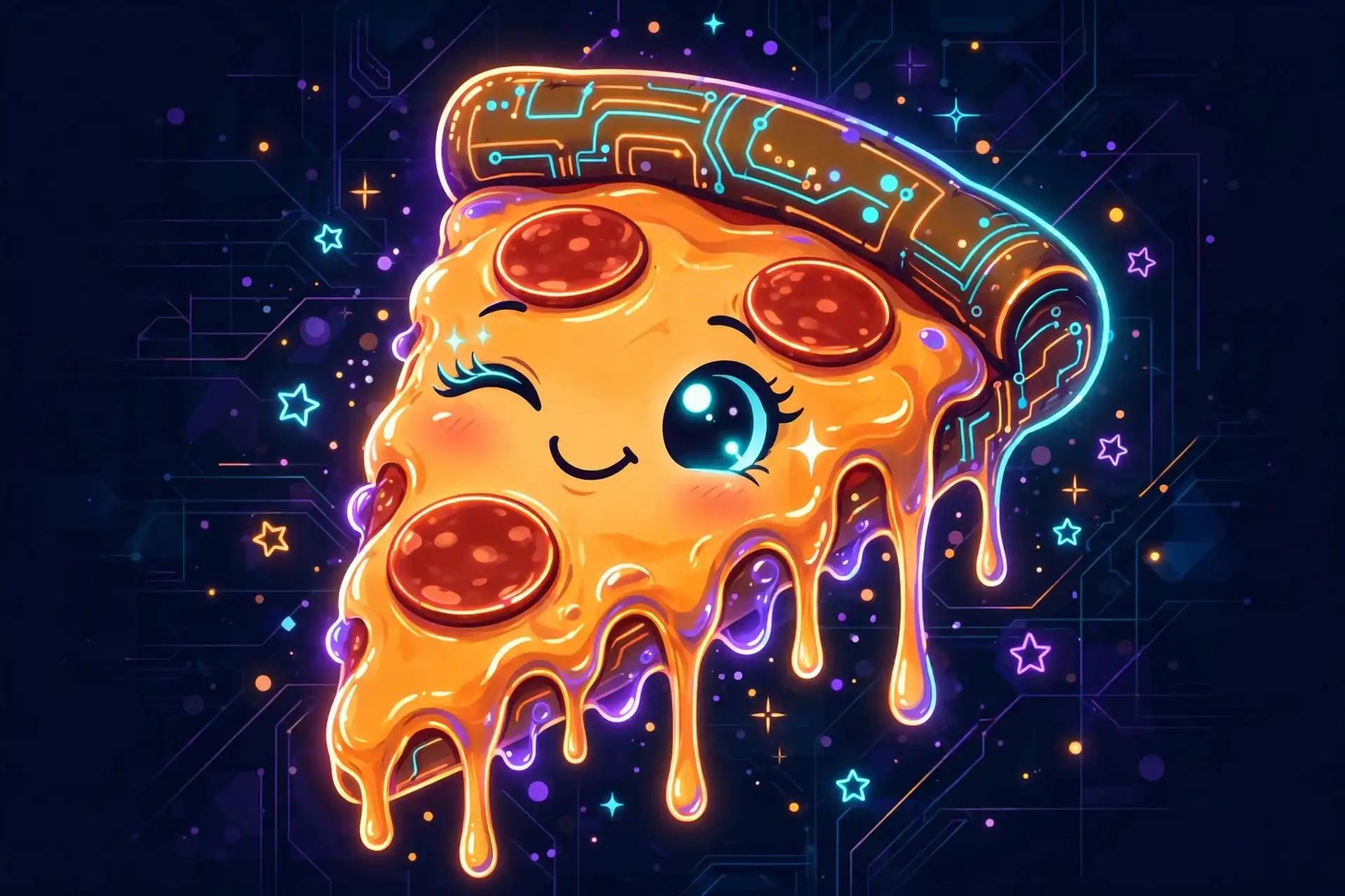 Winking pizza slice character with melty glowing cheese — tempting, a fun delicious synonym