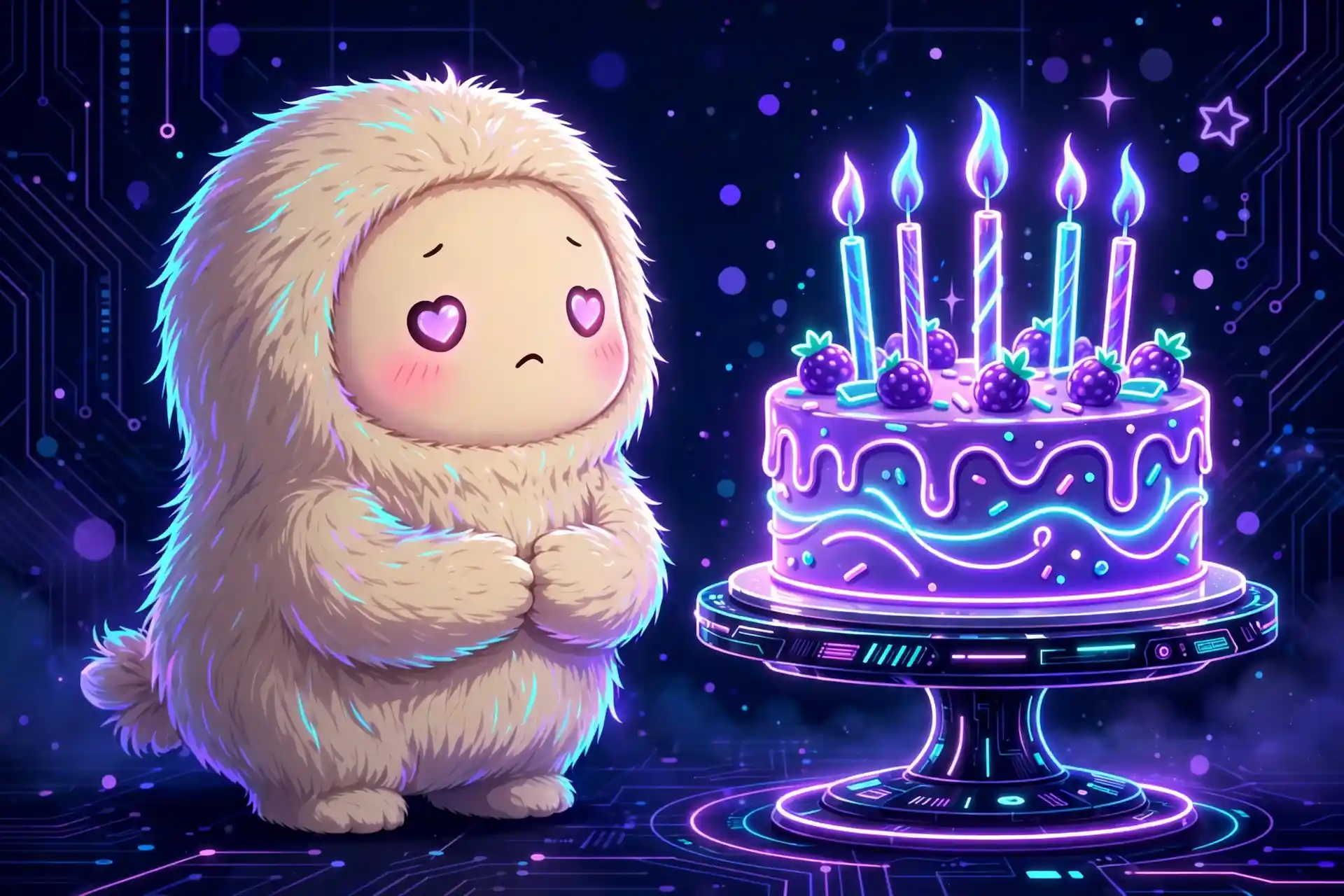 Cute character with heart eyes gazing at a glowing cake — craving, a strong desire synonym