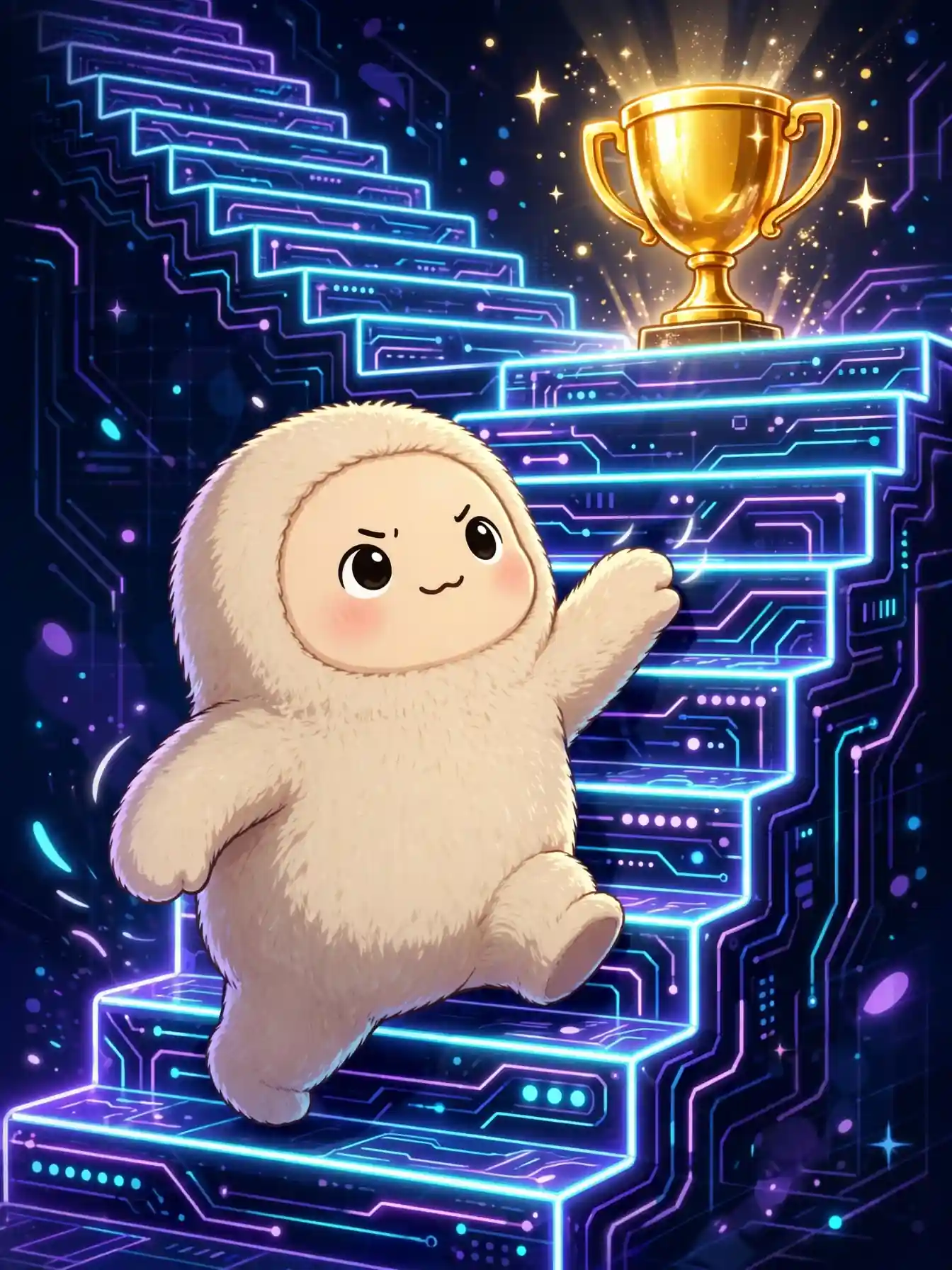 Cute climber on glowing stairs reaching for a trophy — ambition, a desire synonym for big goals