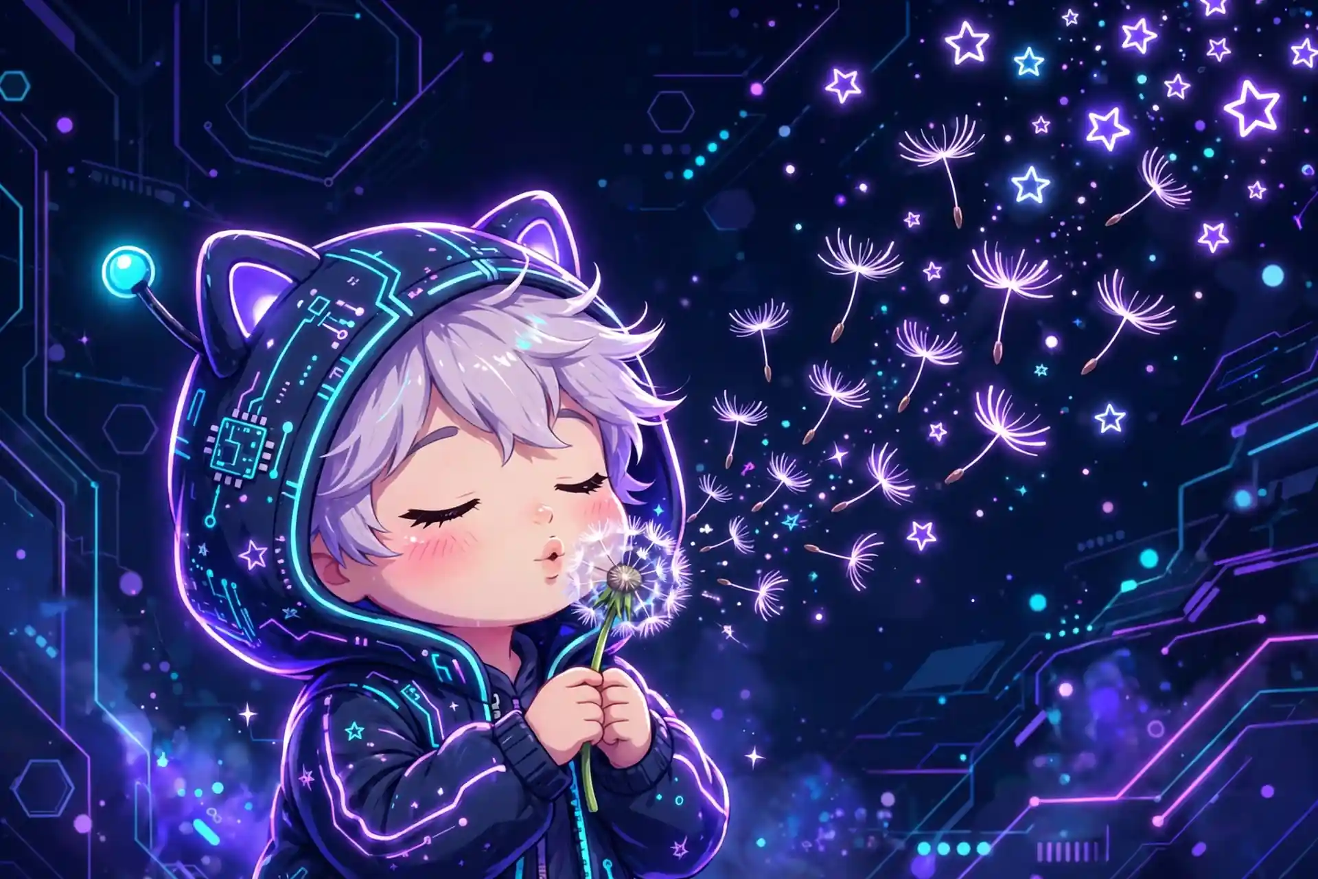 Cute character blowing glowing dandelion seeds — wish, a gentle desire synonym