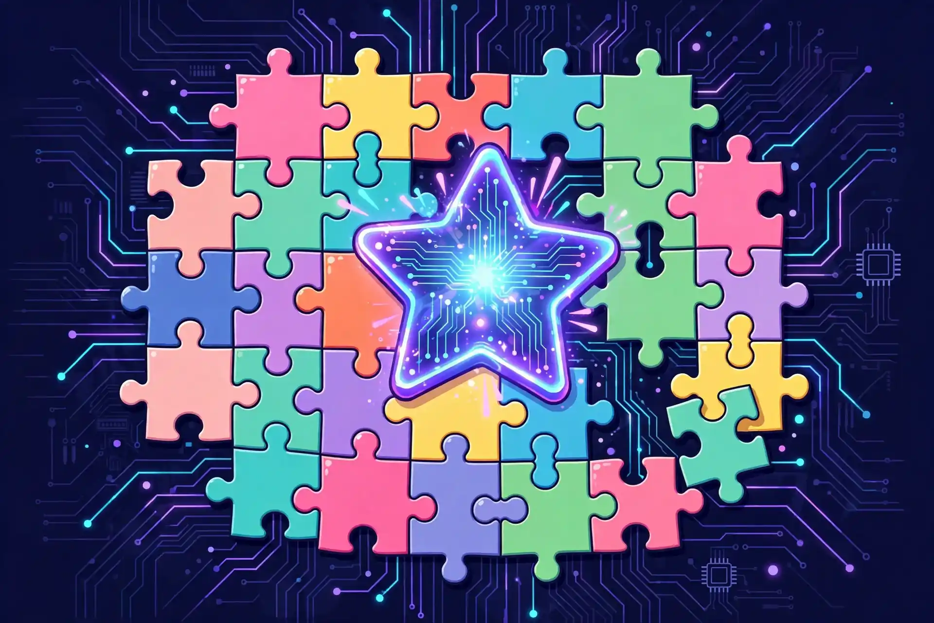 Cute glowing puzzle pieces in many colours showing a different synonym concept, with one unique star-shaped piece standing out