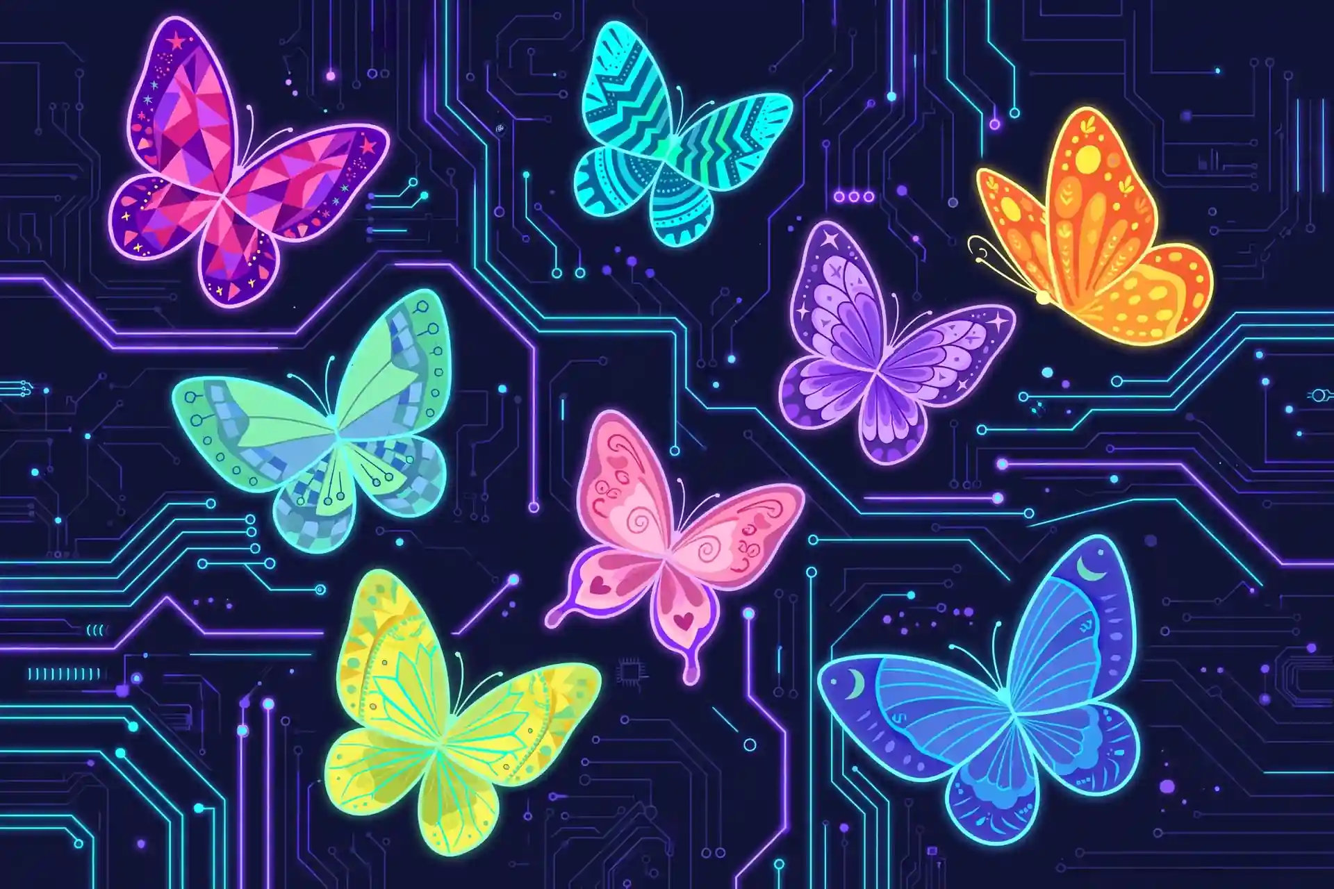 Cute butterflies with varied wing patterns illustrating diverse and varied as a different synonym in a neon poster style