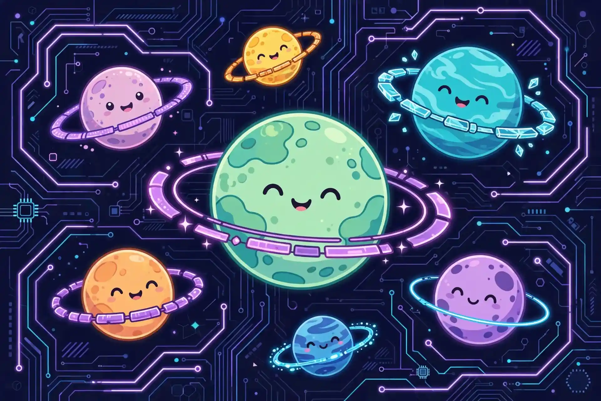 Cute unique planets of many sizes and colours in space, a visual metaphor for finding a different synonym for different