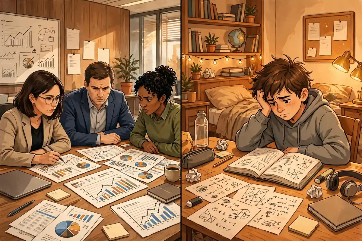 Formal vs casual synonyms for difficult - office meeting with charts versus student with homework