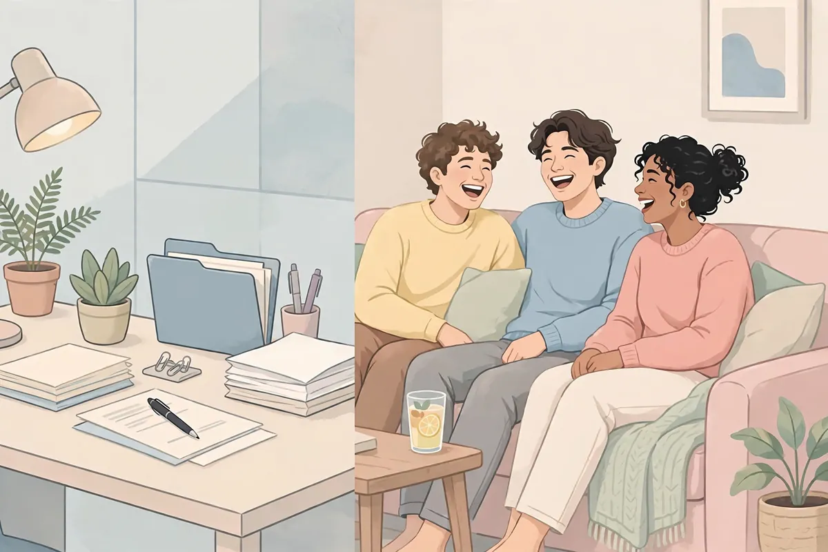 Formal vs casual synonyms for easy - office desk compared with friends relaxing