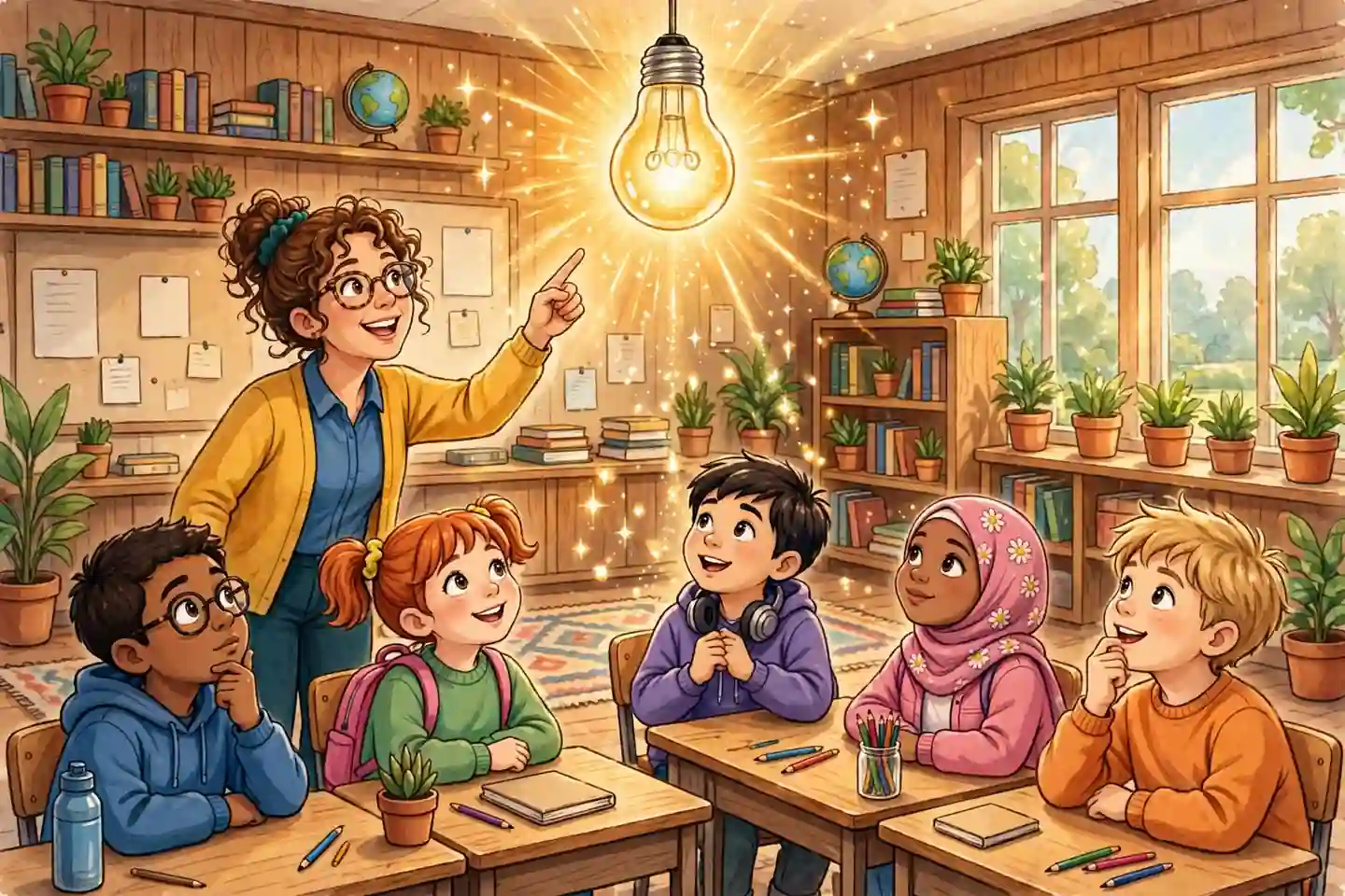 Different ways to say encourage in English - teacher inspiring students with glowing lightbulb
