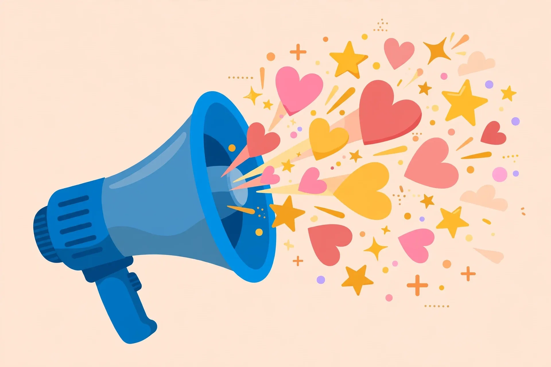 How to use encourage synonyms correctly - megaphone cheering with hearts and stars