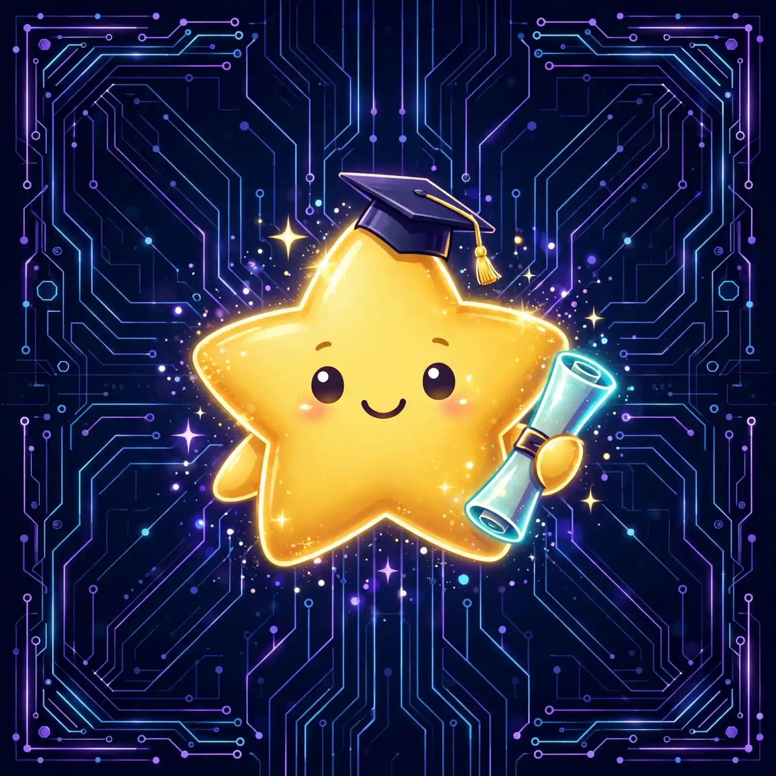 Cute glowing star character in a graduation cap holding a scroll, illustrating an excellent synonym for academic success