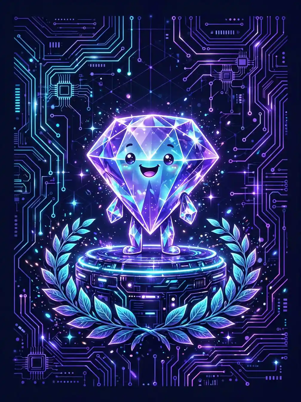 Cute glowing gemstone character on a podium, showing an excellent synonym for flawless top quality