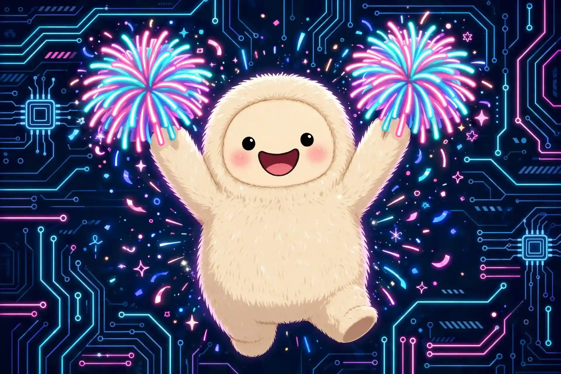 Cute character cheering with glowing pom-poms — enthusiastic, an excited synonym