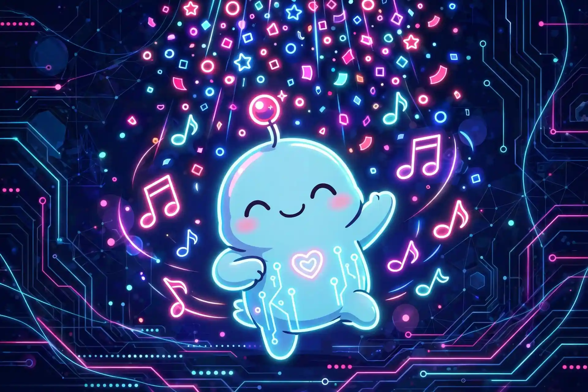 Cute character dancing under glowing neon confetti — joyful, an excited synonym