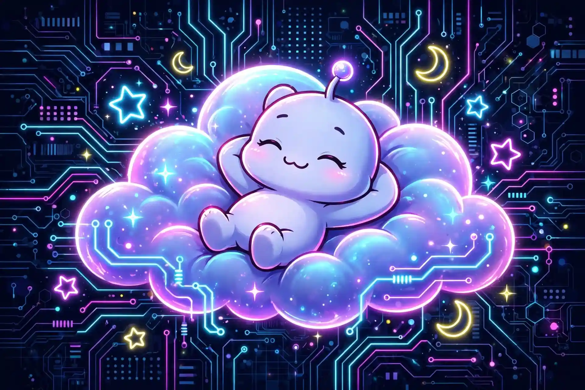 Cute character floating happily on a glowing cloud among neon stars — on cloud nine, an excited synonym