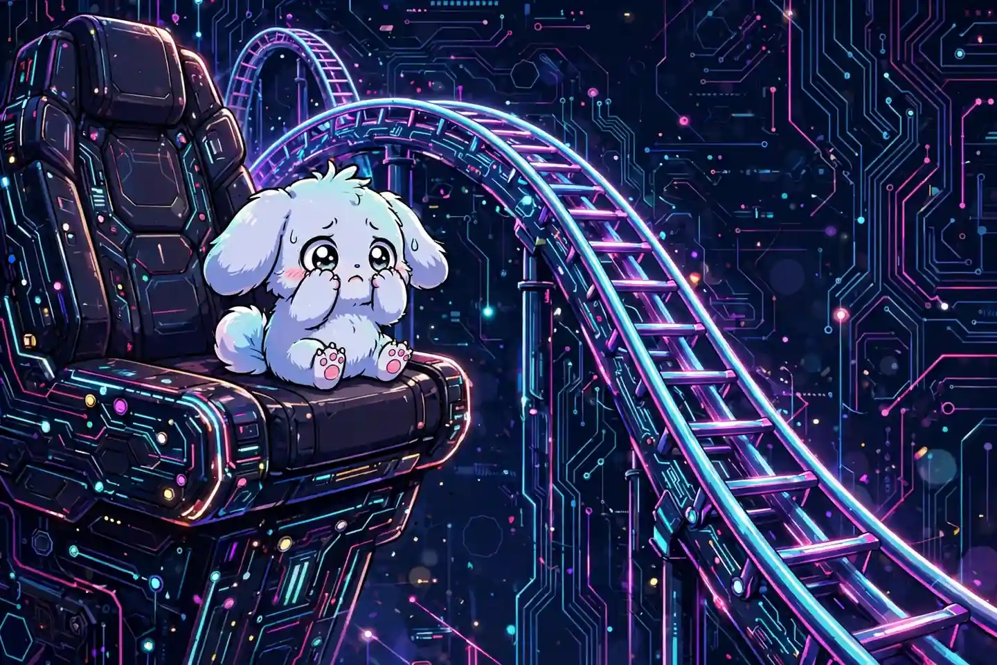 Cute character peeking through its paws at a glowing roller-coaster drop — nail-biting, an exciting synonym