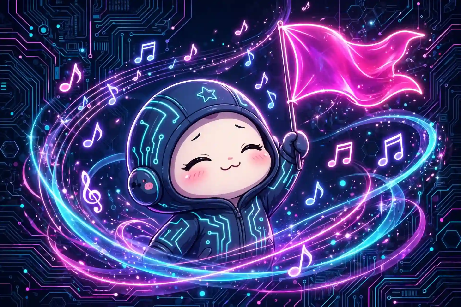 Cute character waving a glowing flag with swirling neon music notes — stirring, an exciting synonym