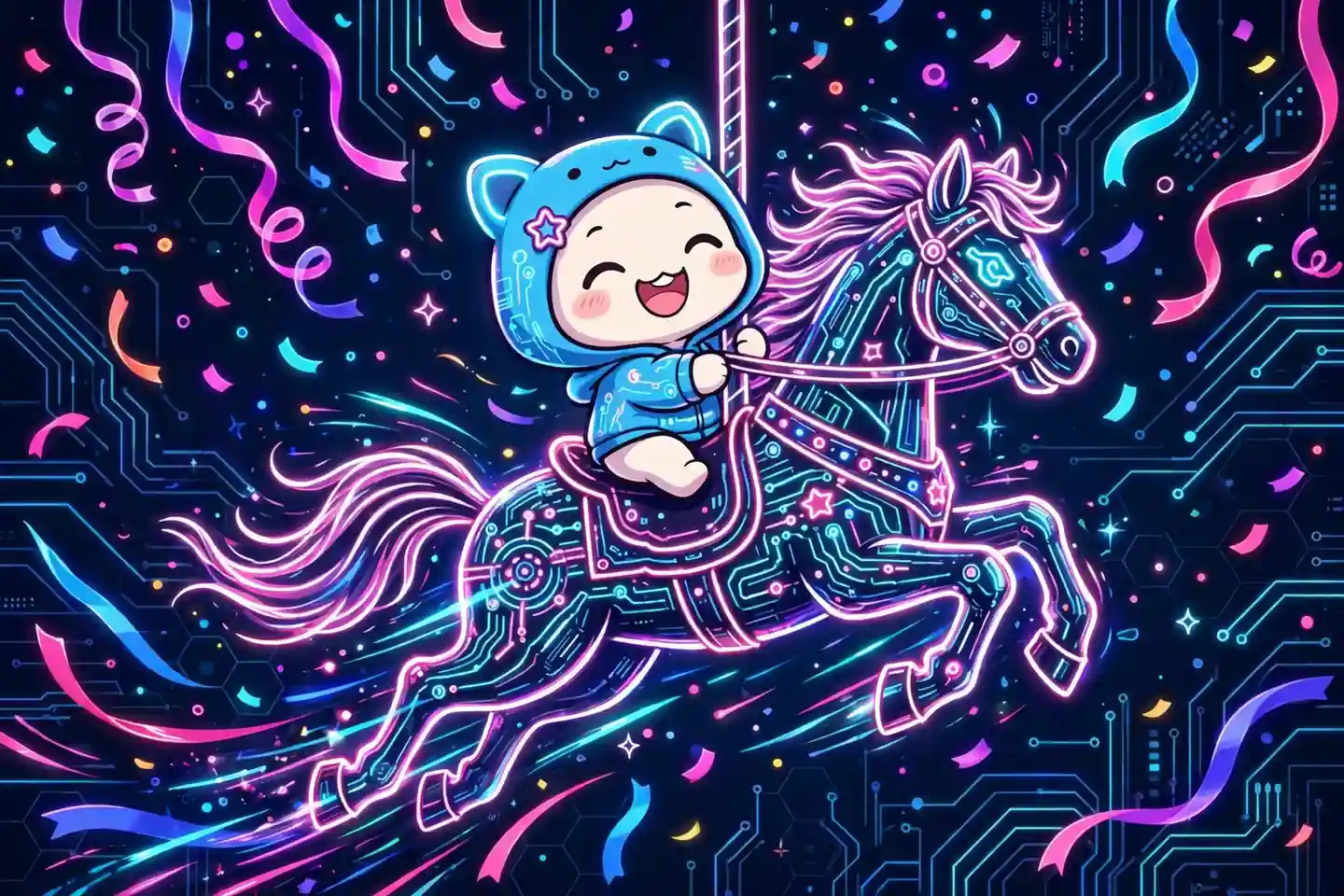 Cute character riding a glowing carousel horse amid neon confetti — wild, an exciting synonym