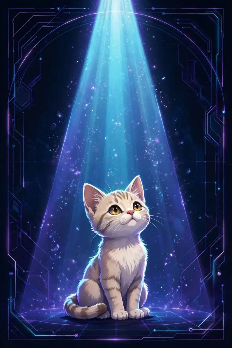 Cute kitten sitting inside a glowing spotlight beam — attention synonyms and other ways to say attention